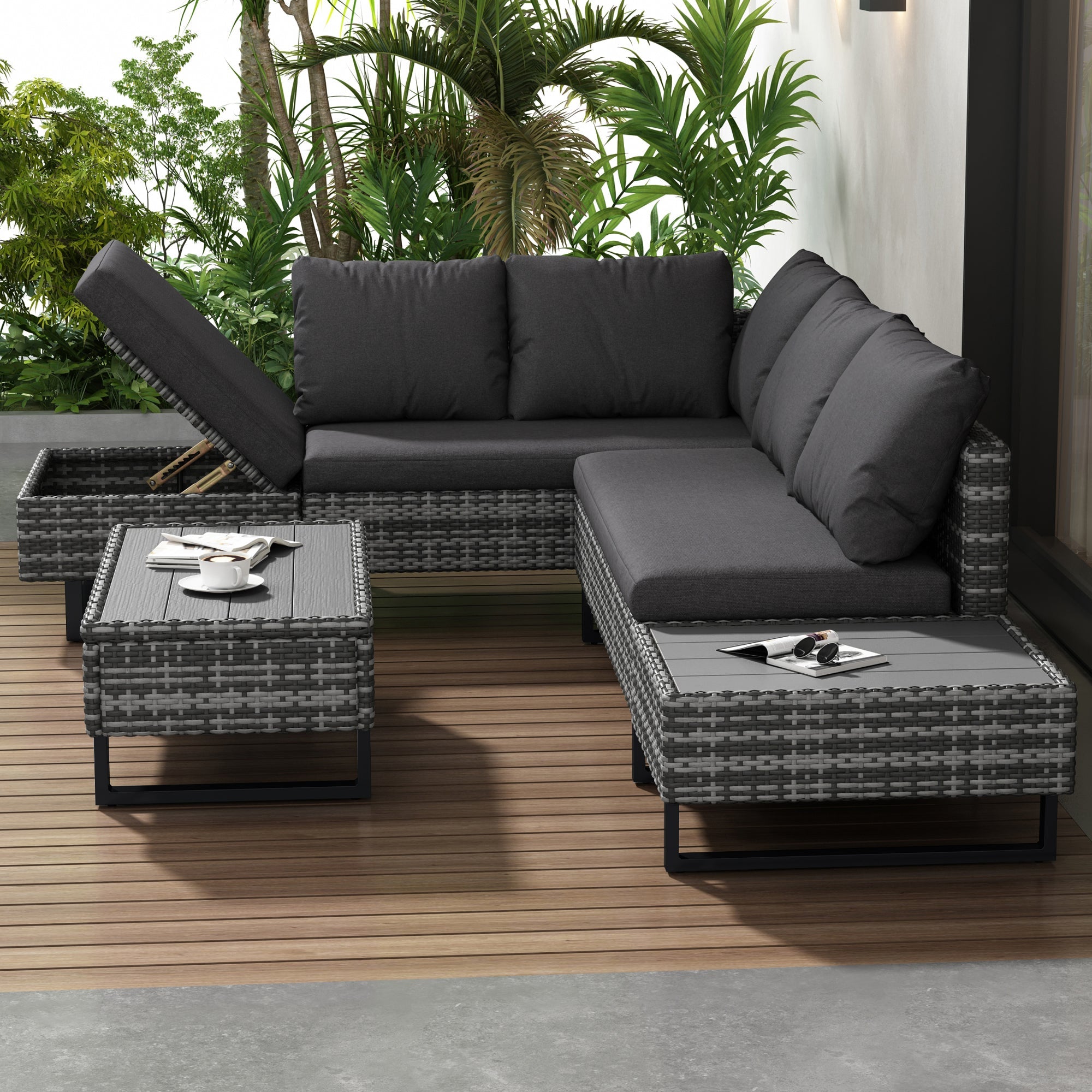 Poly Rattan Garden Set, 4-5 Person Corner Sofa Lounge with Table & Cushions, Grey