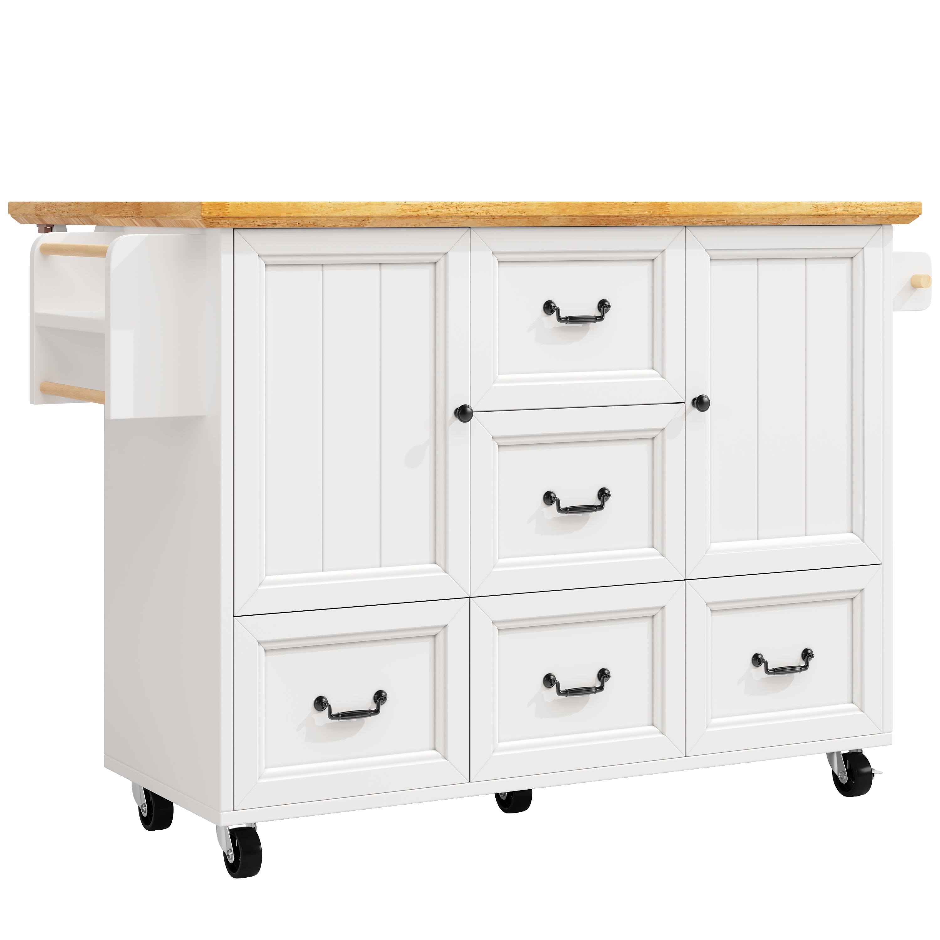 Kitchen Island Extendable Trolley 5 Drawers Towel/Spice Rack - White/Black