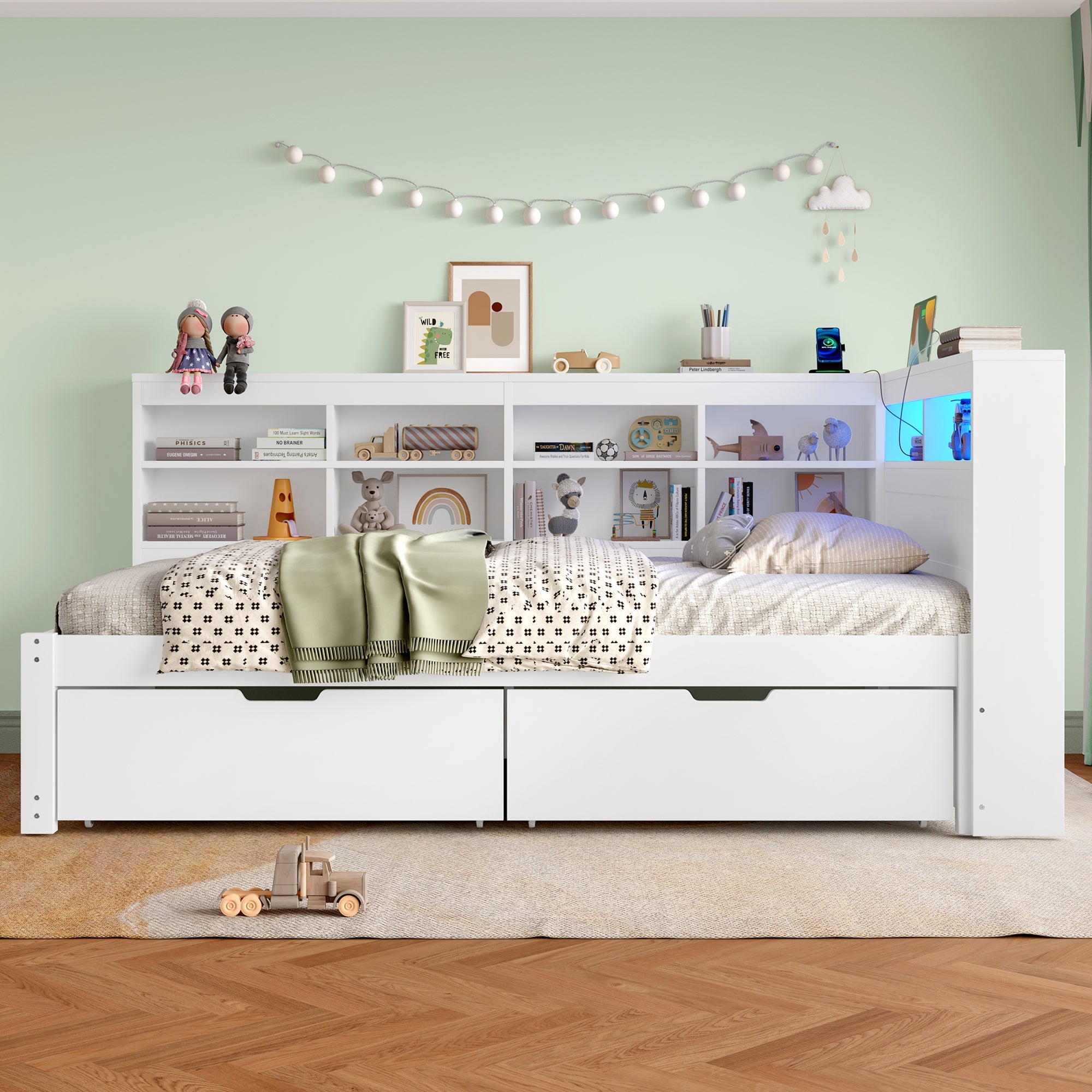 3ft Single Daybed, LED Bed Frame w/ Storage Drawers & Charging Station, Wood, White