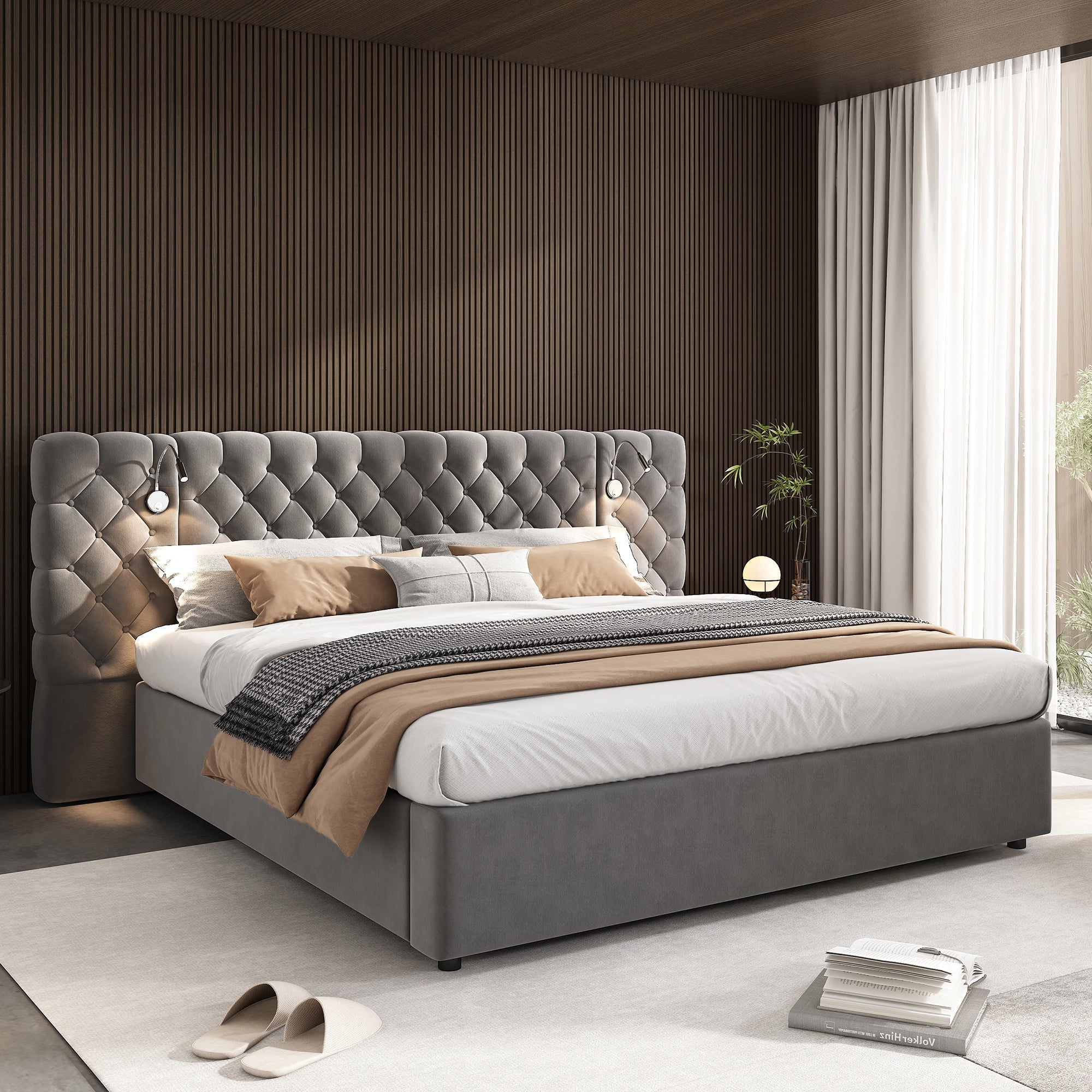 Upholstered Double Bed 180x200cm Hydraulic Storage LED Wide Headboard - Velvet Grey