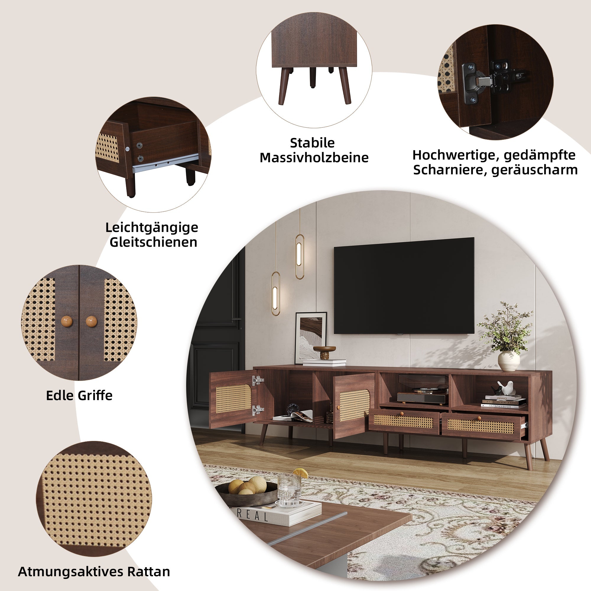 TV Cabinet, 80-inch with Rattan Doors & Drawers, Brown