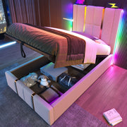 Upholstered Bed, USB C, LED, Storage, 90x200, Wood Slats, Beige Linen