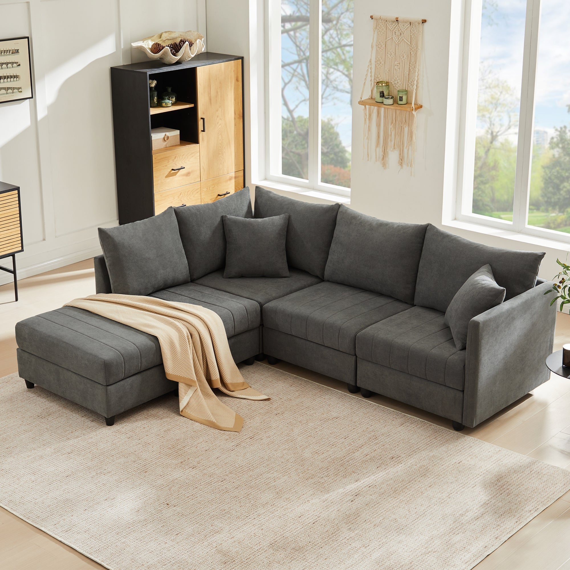 Modern Modular Corner Sofa, 5-Seater with Convertible Footstool, Cotton and Linen Grey