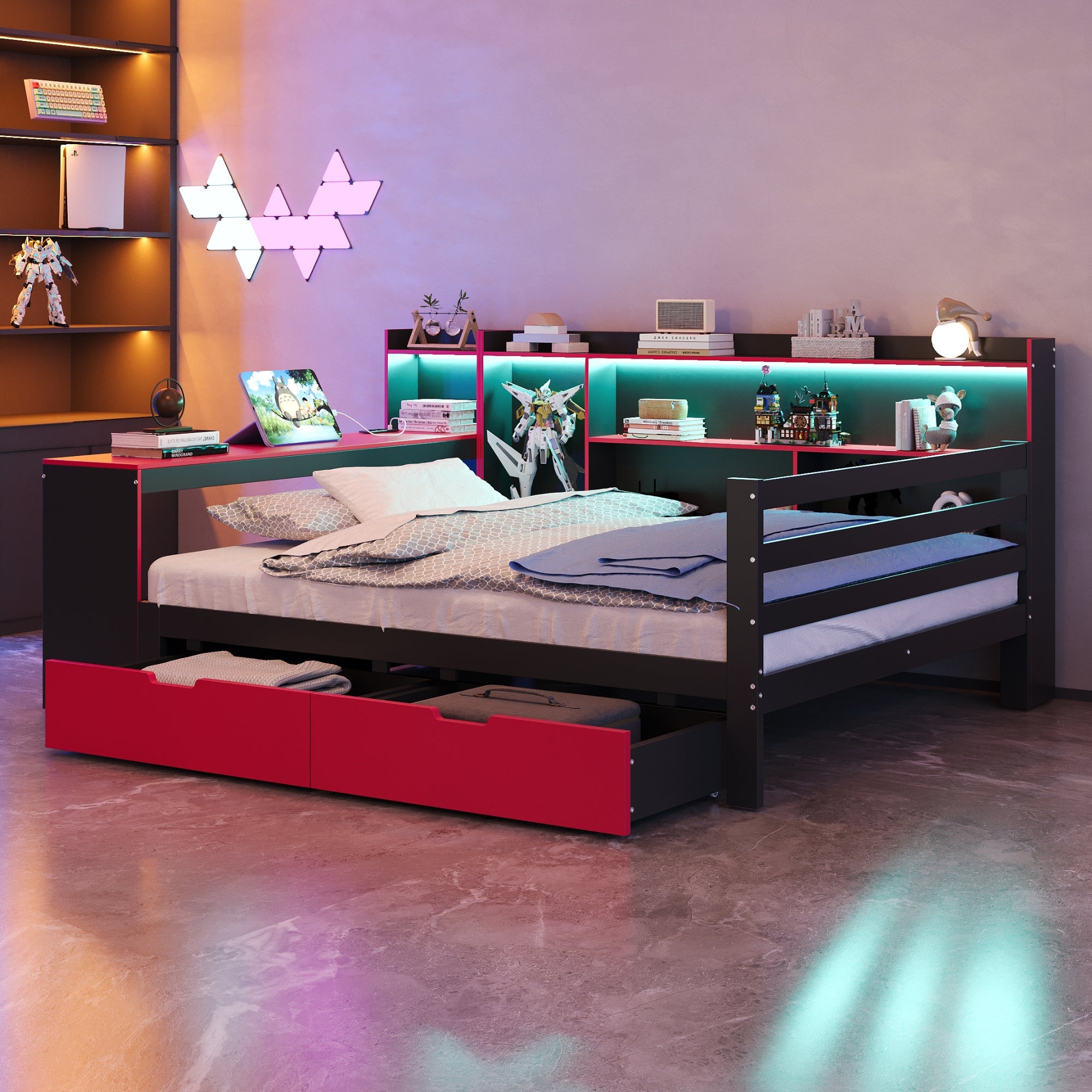 Wooden Sofa Bed with Desk, Bookshelf, Storage and LED, 140x200cm, Black and Red Wood