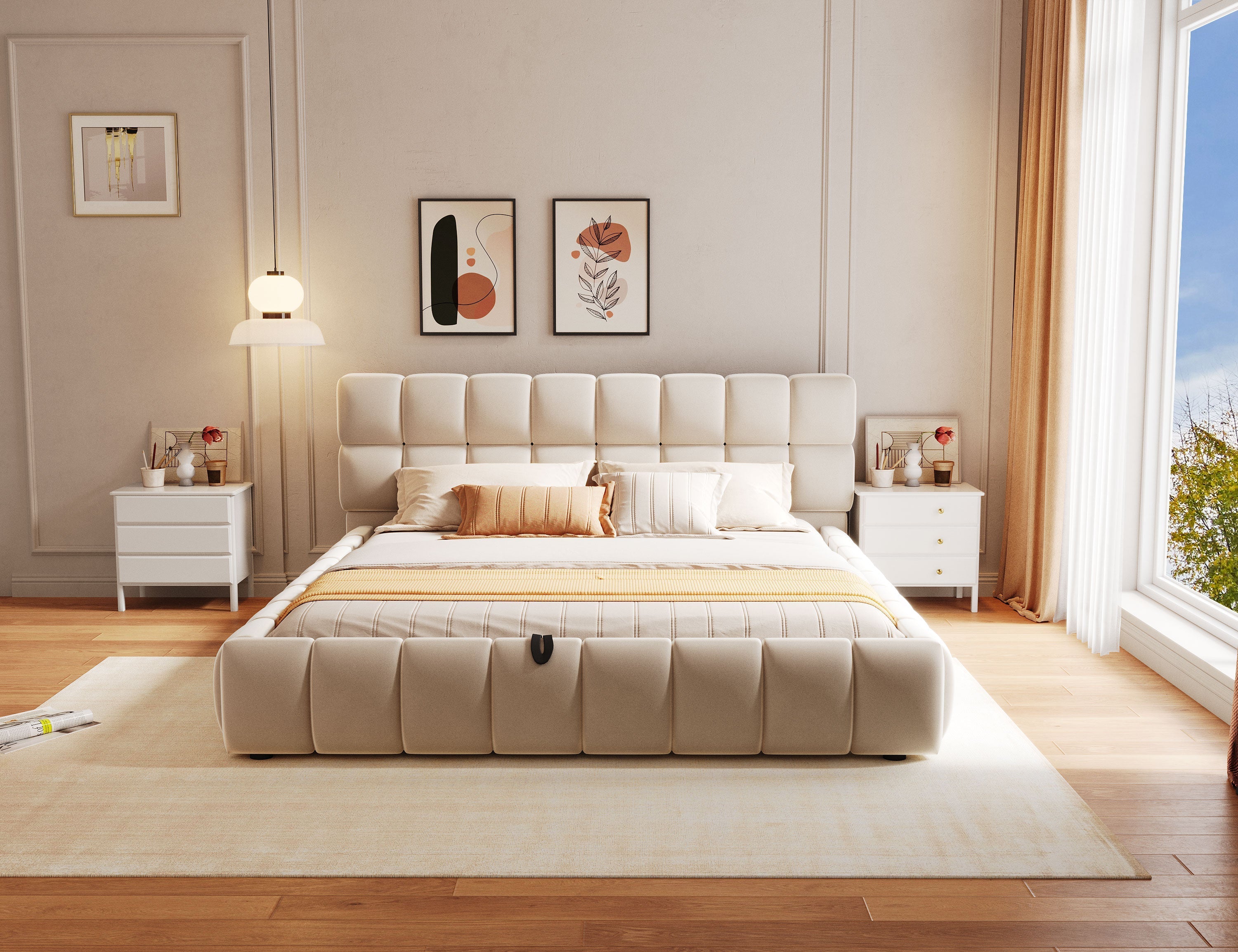Upholstered Bed 140x200cm Hydraulic Storage, Velvet Beige