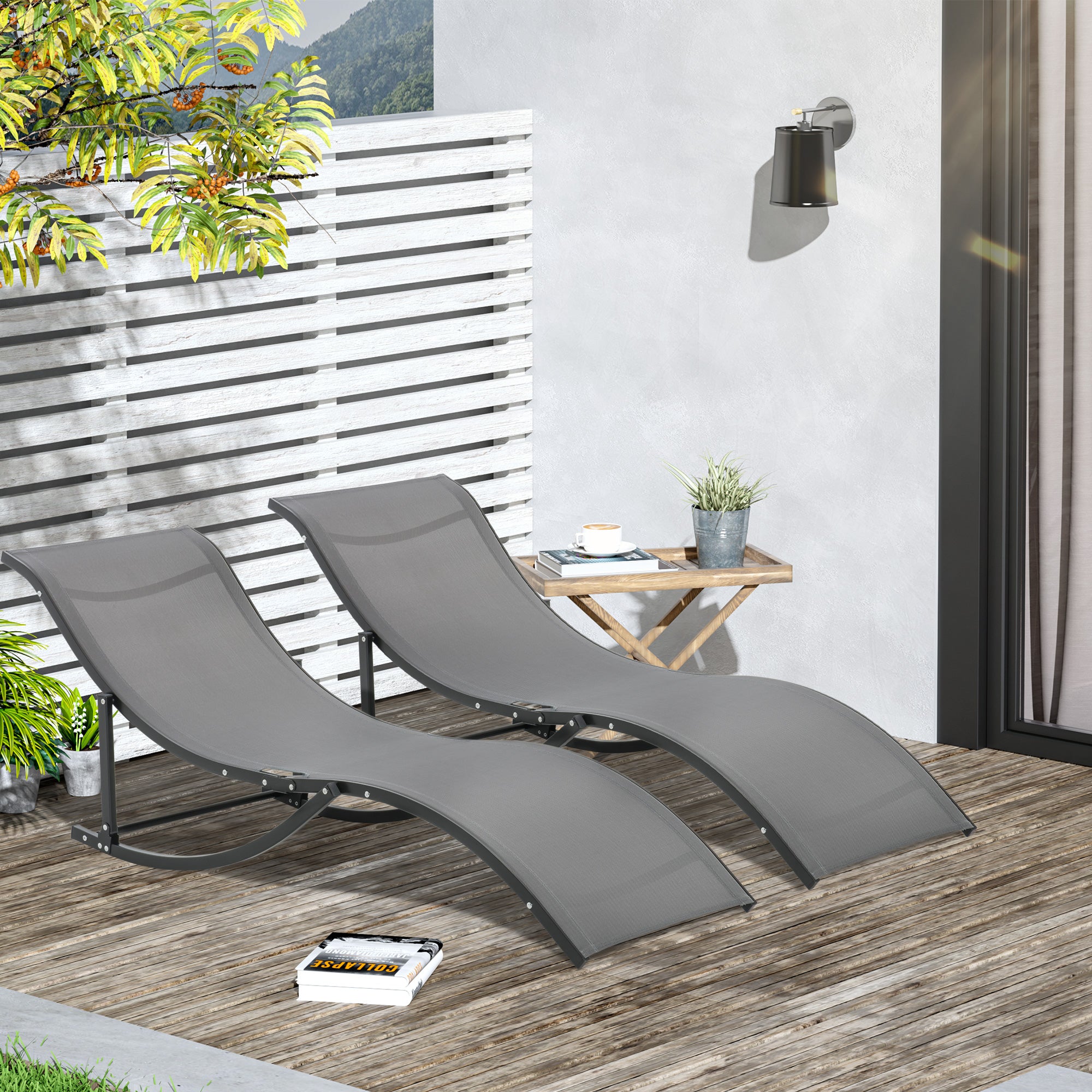 Set of 2 S-shaped Foldable Lounge Chair Sun Lounger Reclining Outdoor, Grey