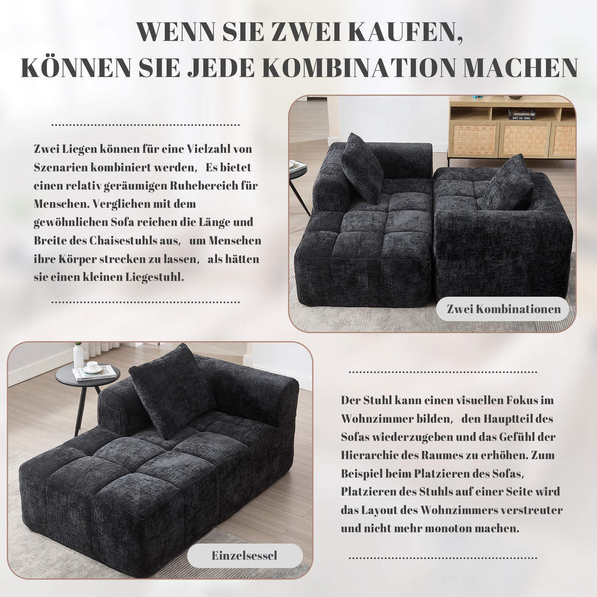 Chaise Longue Sofa, Soft Cushions Side Pockets, Black