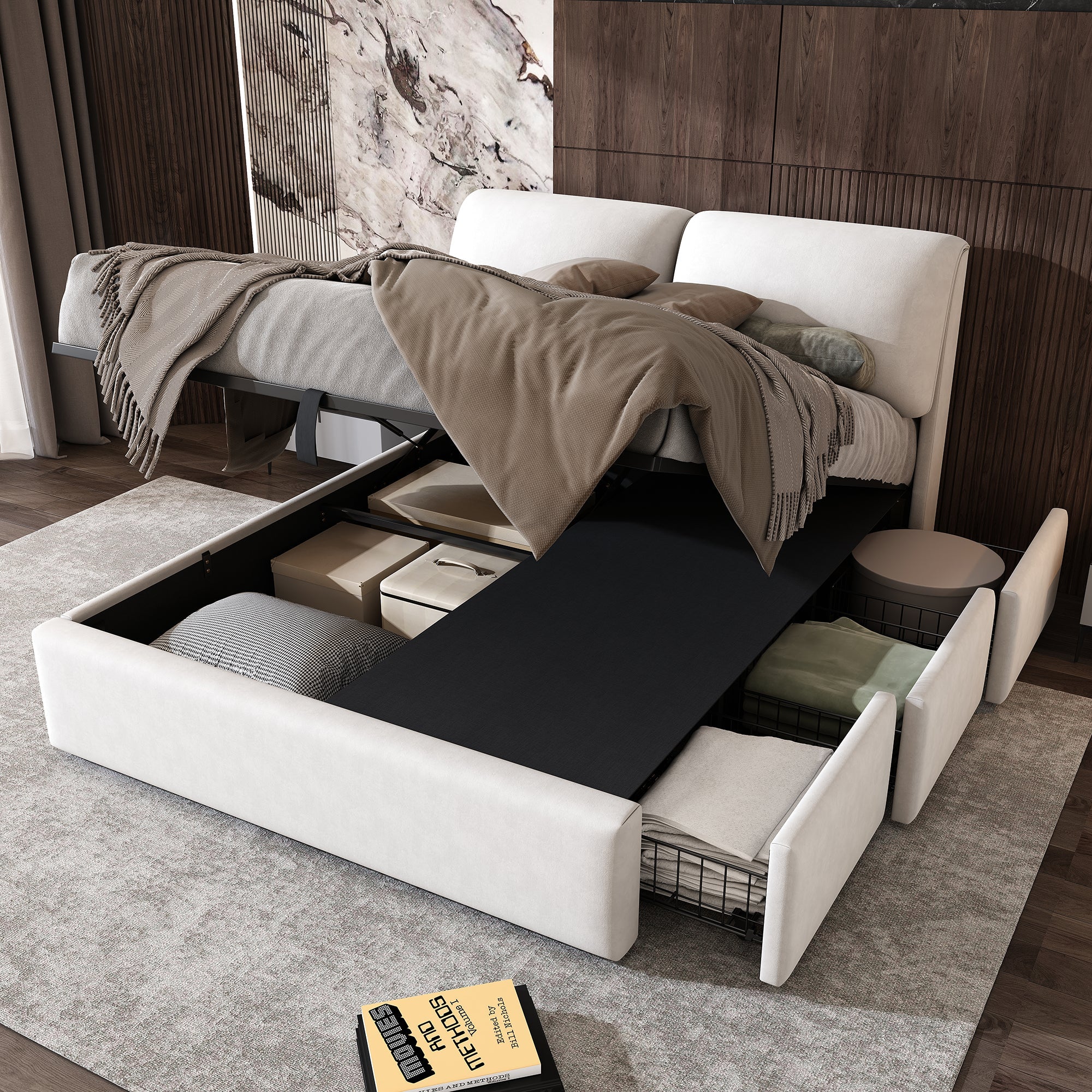 Upholstered Bed with Hydraulic Storage and 3 Drawers, 140x200cm, Beige Velvet
