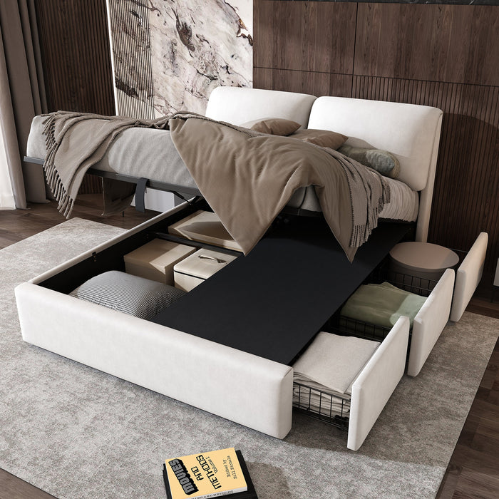 Upholstered Bed with Hydraulic Storage and 3 Drawers, 140x190cm, Beige Velvet
