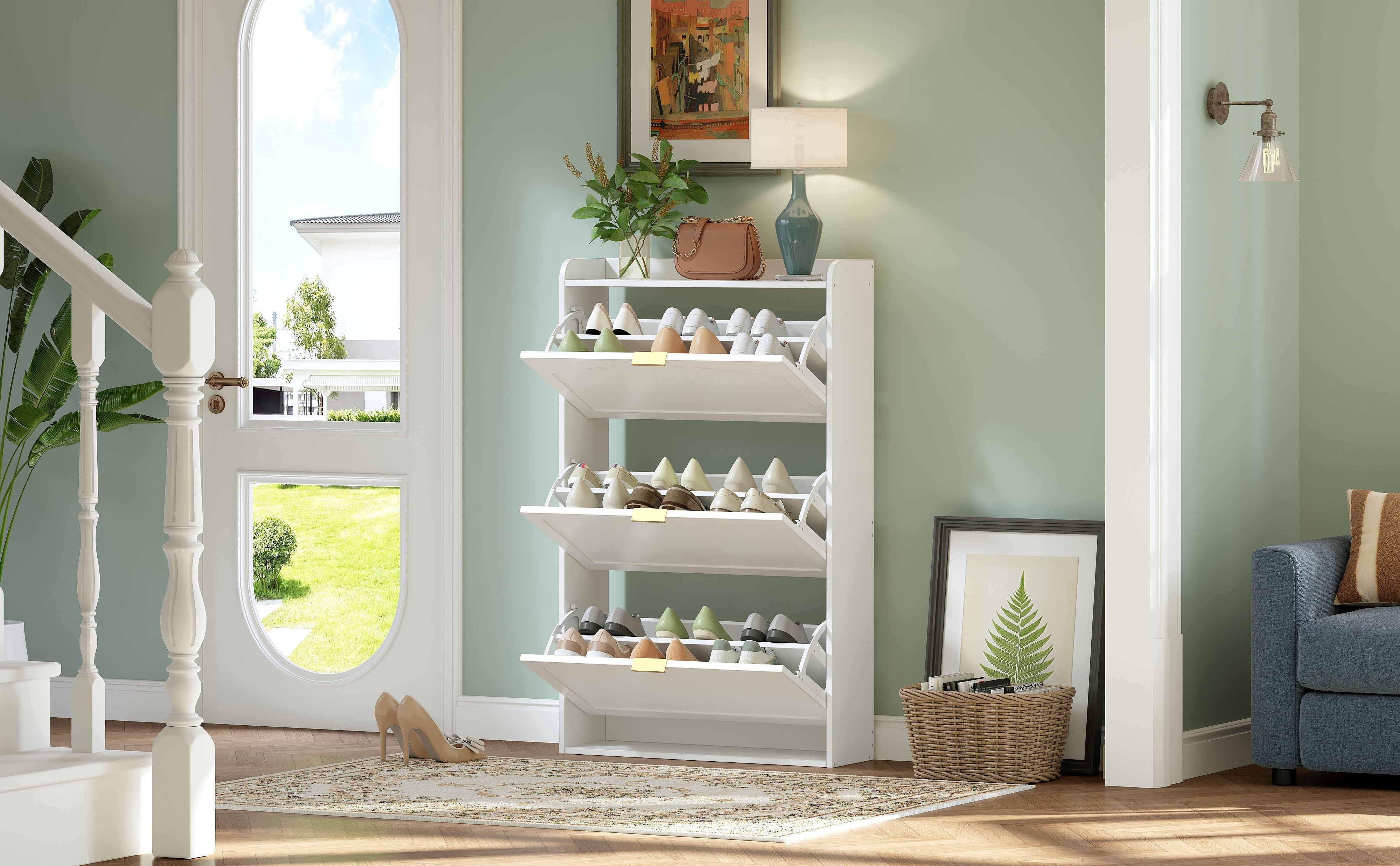 Narrow Shoe Cabinet 3 Flaps 76x23x118cm - White