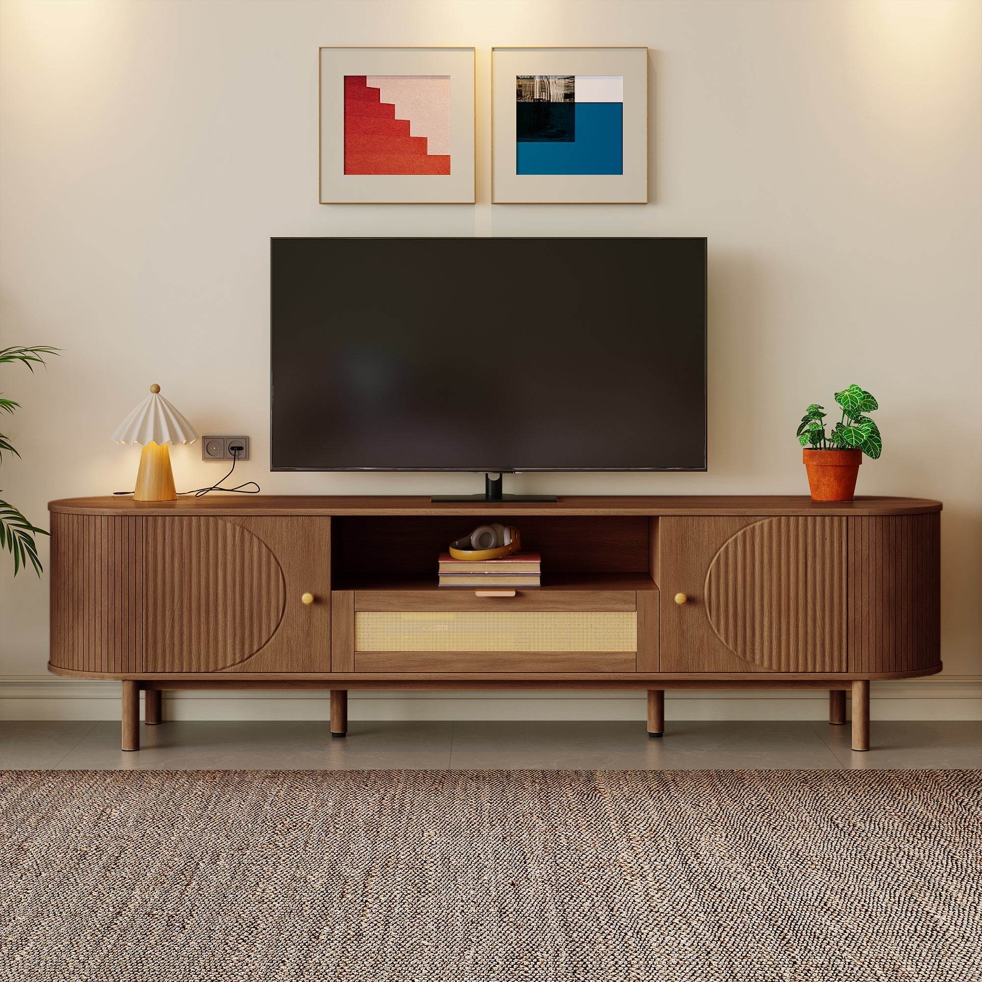 Modern TV Cabinet Rattan Drawers Open Shelves Rounded Top Wood Look Metal Legs
