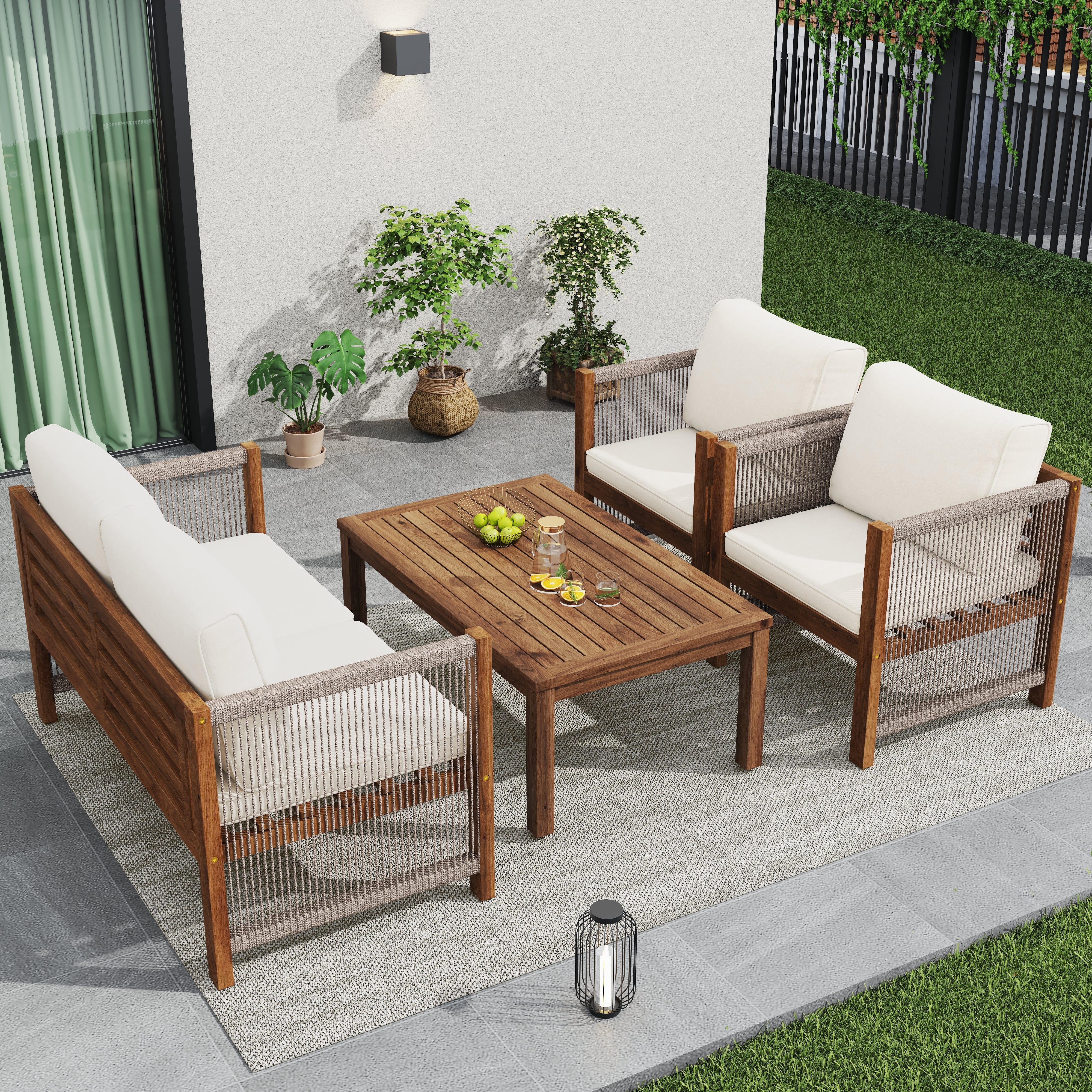 Garden Furniture Lounge Set with Double Sofa 2 Armchairs and Table, Acacia and Beige Rattan Look