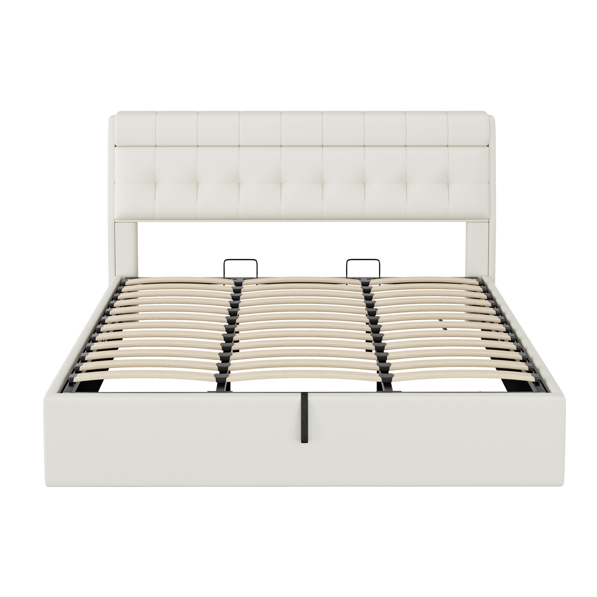 Upholstered Bed with Hydraulic Storage and Concealed Headboard Shelf, 180x200cm, White PU