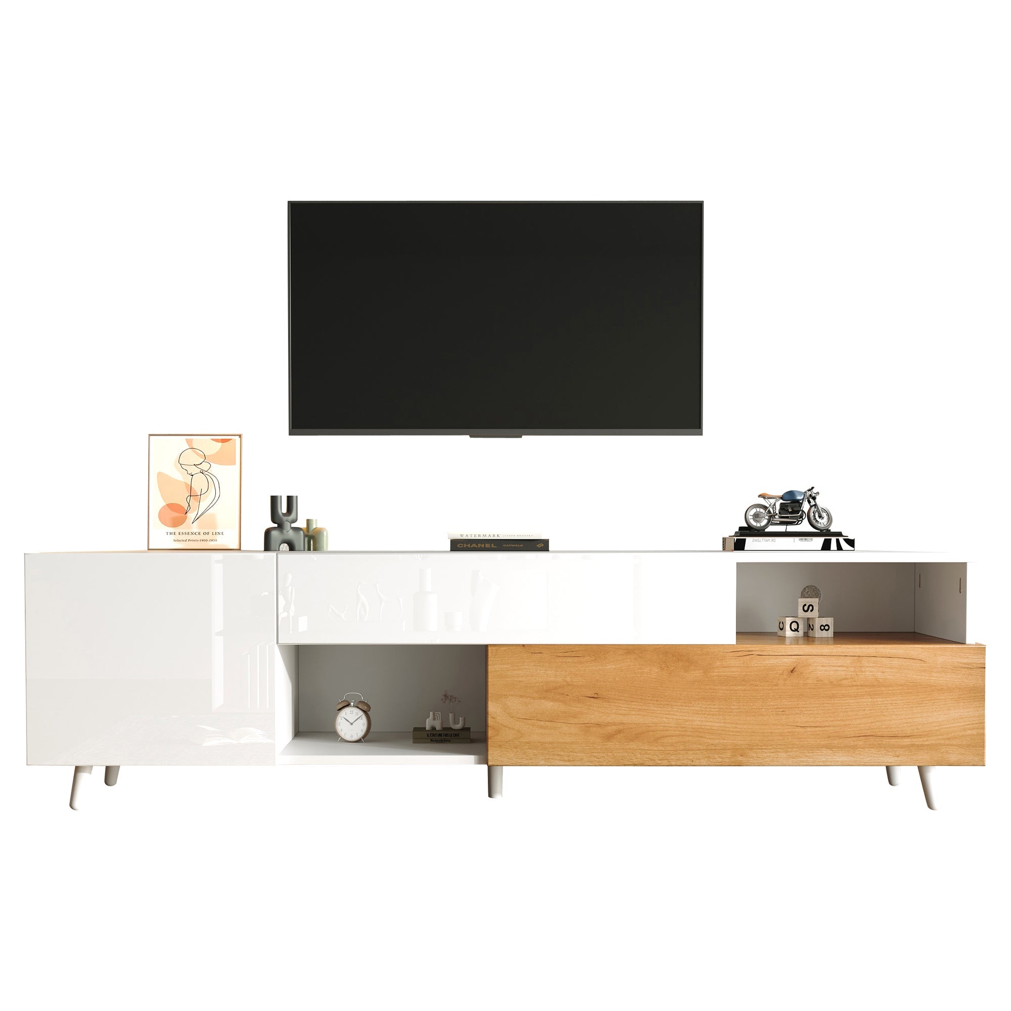 TV Cabinet, 180cm Lowboard with 1 Drawer & 7 Compartments, High-Gloss Finish