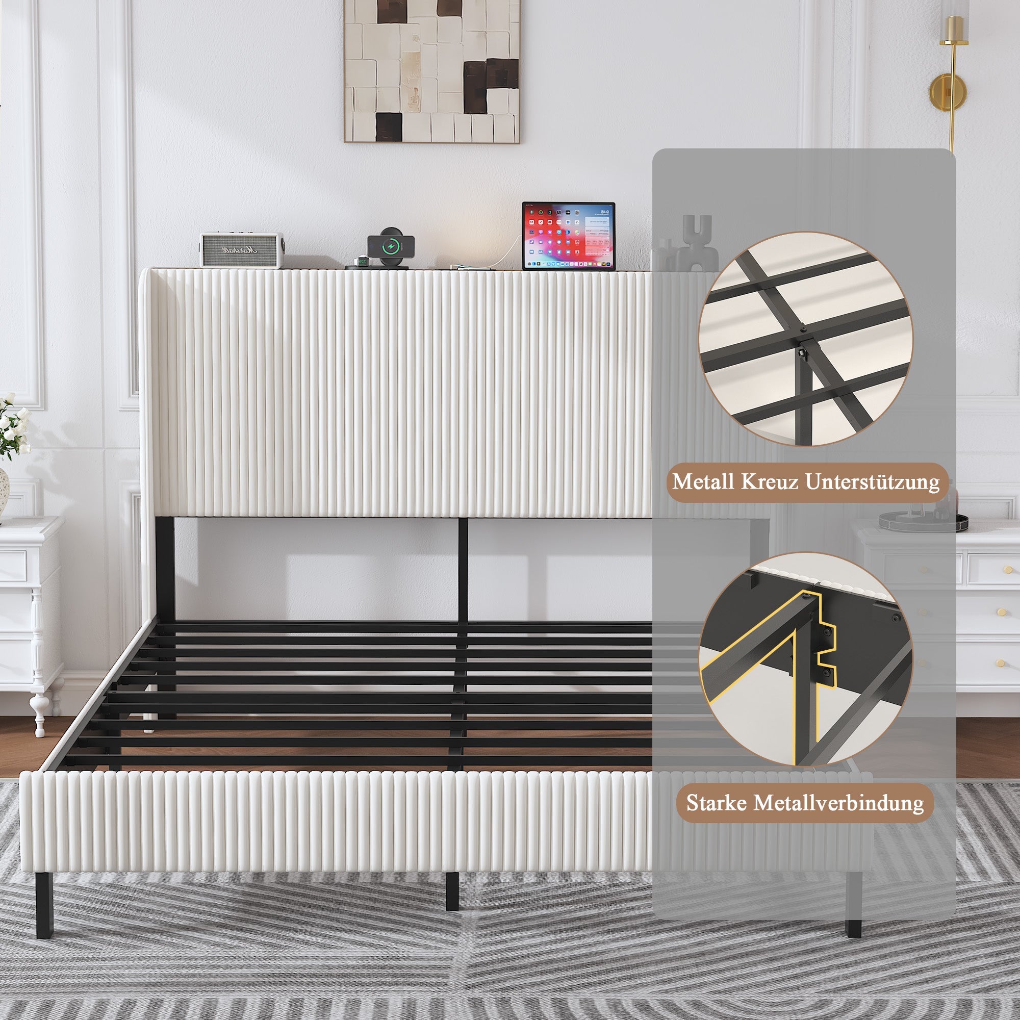 Bed Frame 160x200 Upholstered Platform Wing Edge Design Metal Slats Fabric