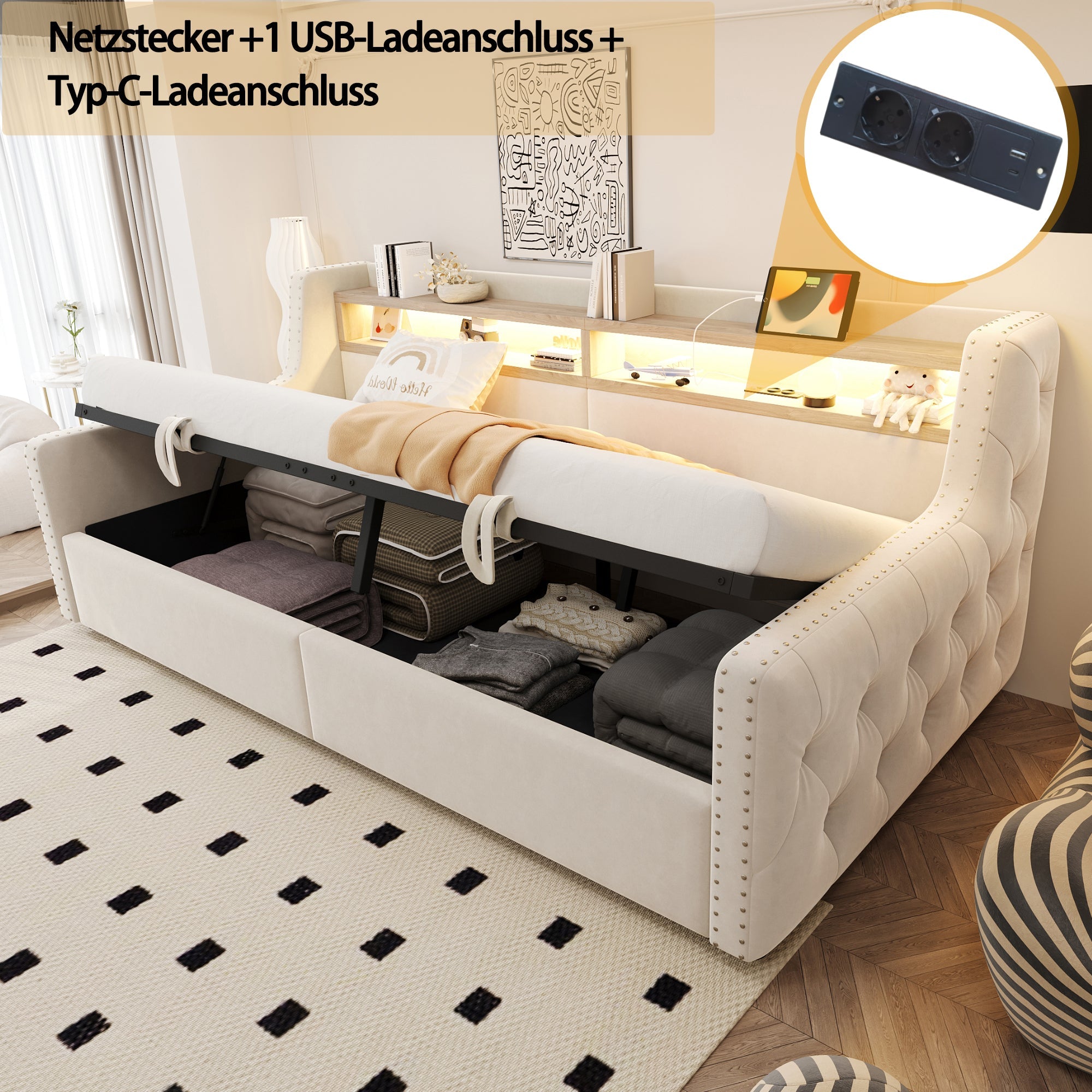 Upholstered Sofa Bed with Hydraulic Storage, LED Lighting and Charging Station, 90x200cm, Beige Velvet