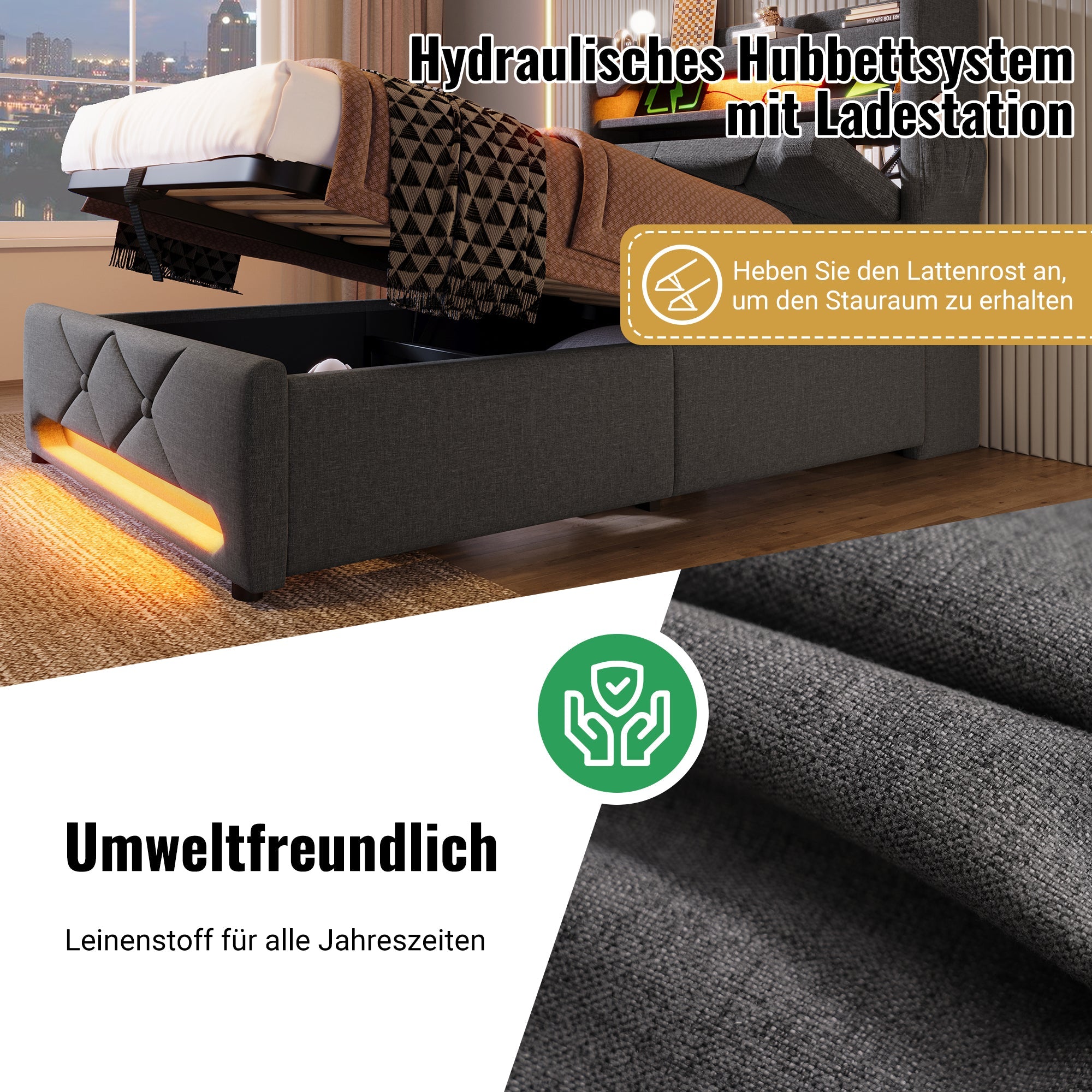 Upholstered Double Bed 140x190 with Storage Headboard, USB/Type-C, 360° LED and Hydraulic Storage, Grey Linen