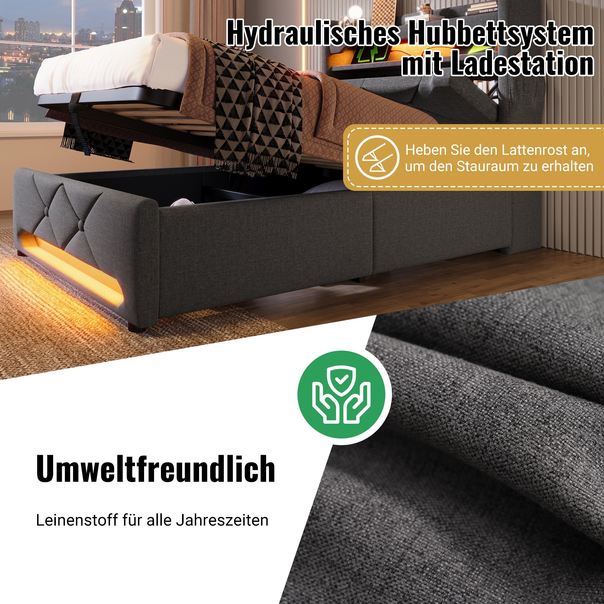 Upholstered Double Bed 140x200 Storage Headboard USB/Type-C 360° LED Hydraulic, Grey Linen