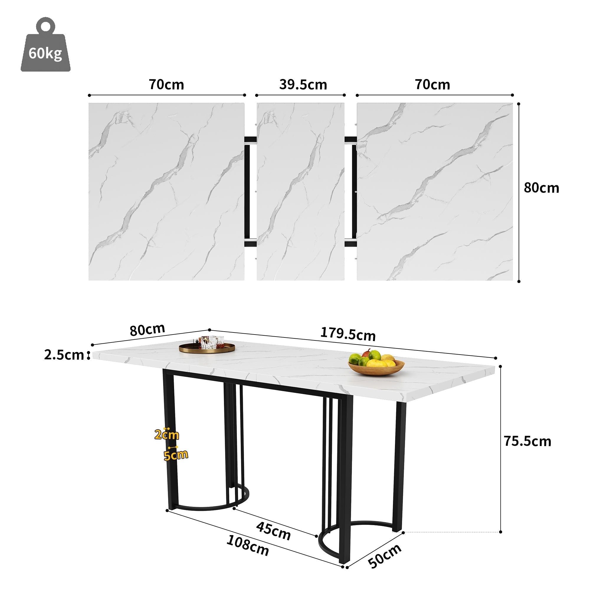 Dining Set Extendable 5-Piece Rectangular Table 4 Chairs - Black Velvet
