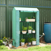 Greenhouse with shelves and roller door, winter-proof film, steel, green