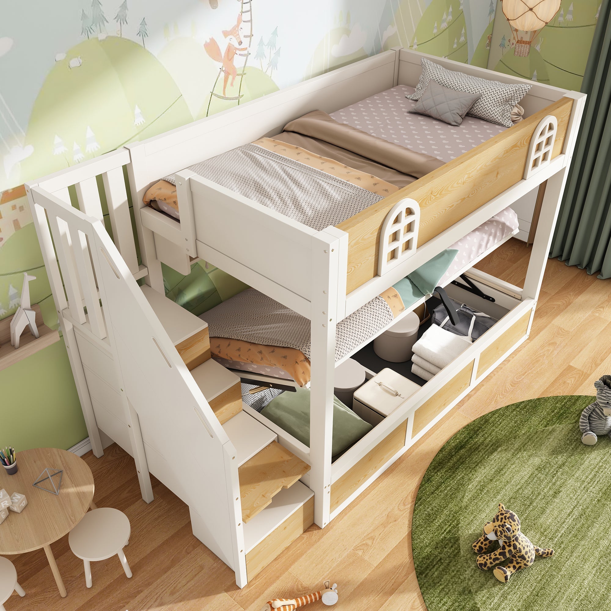 Children's Bunk Bed 90x200cm Staircase Wardrobe Storage White and Natural