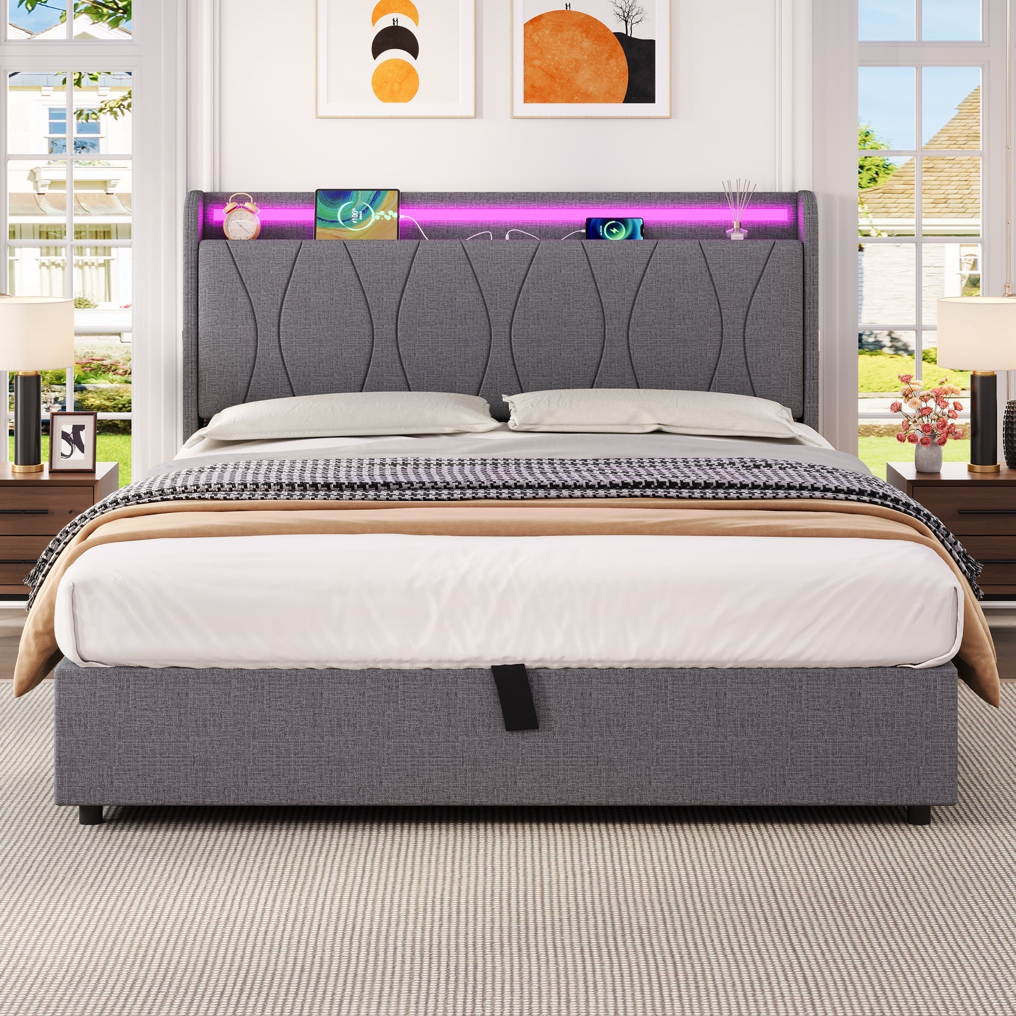 4ft6 Double Upholstered Bed Frame with Hydraulic Storage, LED Headboard, Grey Linen