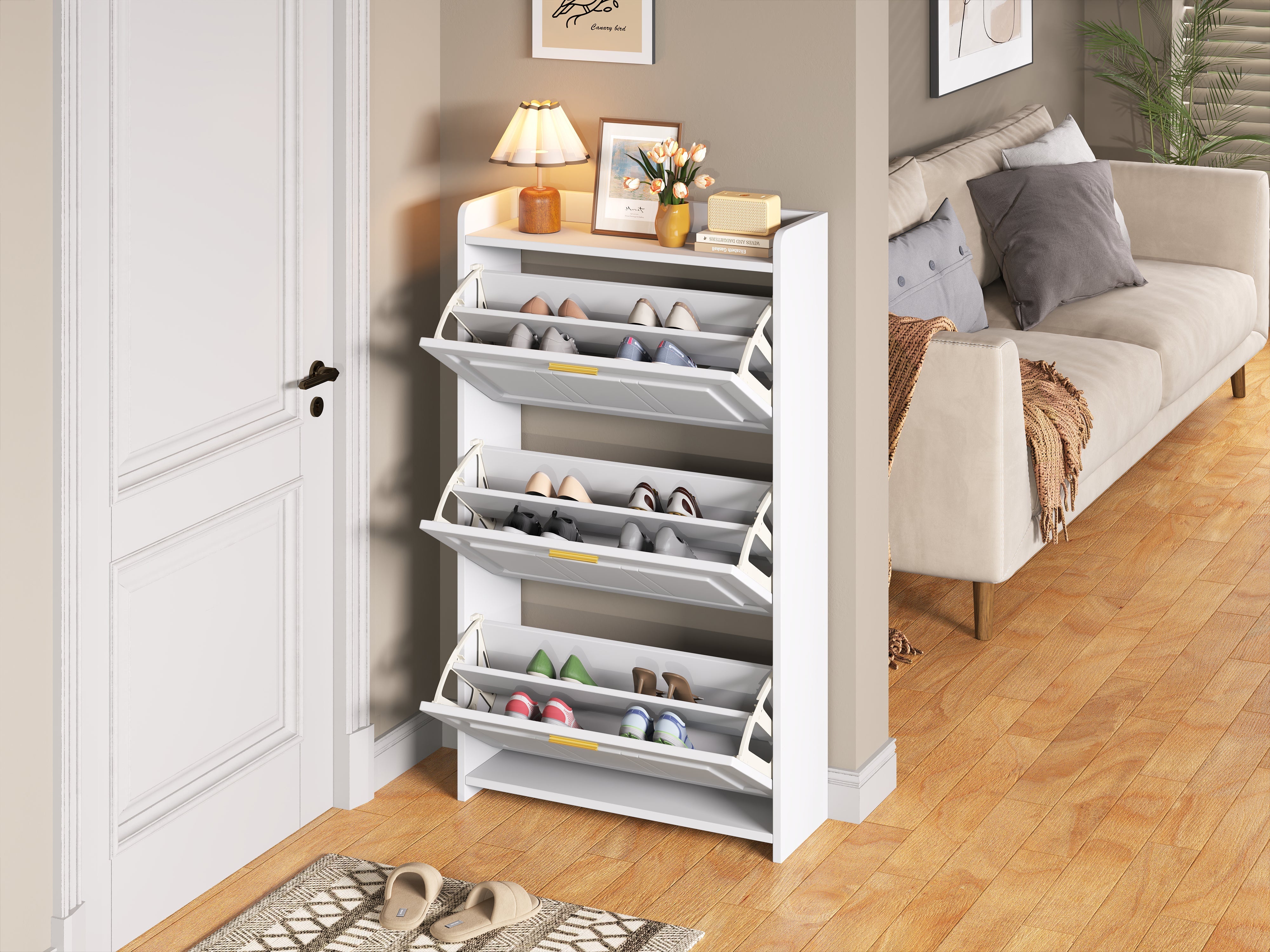 Shoe Cabinet 70x24x120cm with 6 Compartments - White MDF/Chipboard