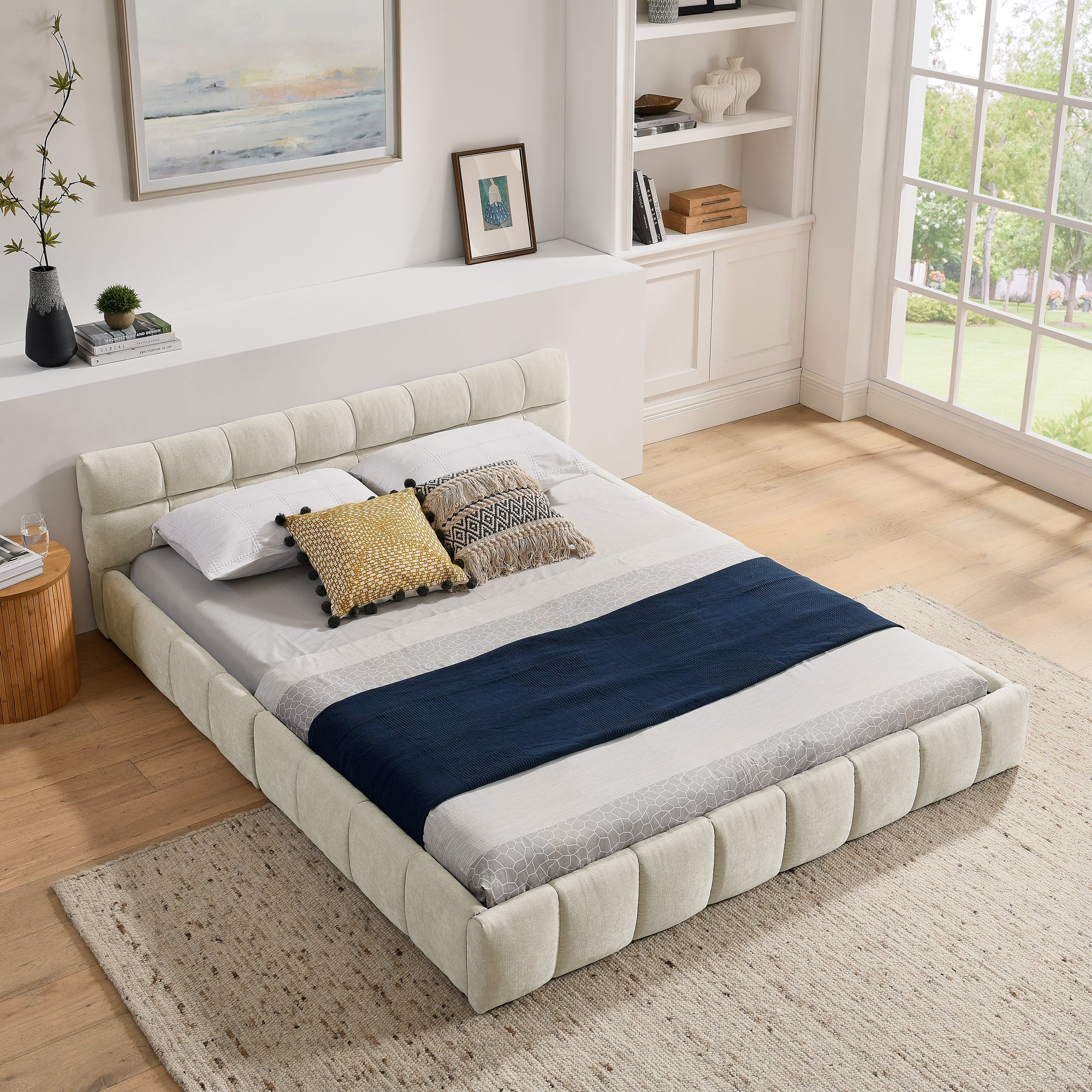 Double Bed 160x200cm, Chenille Quilted Eucalyptus Wood Frame, Beige
