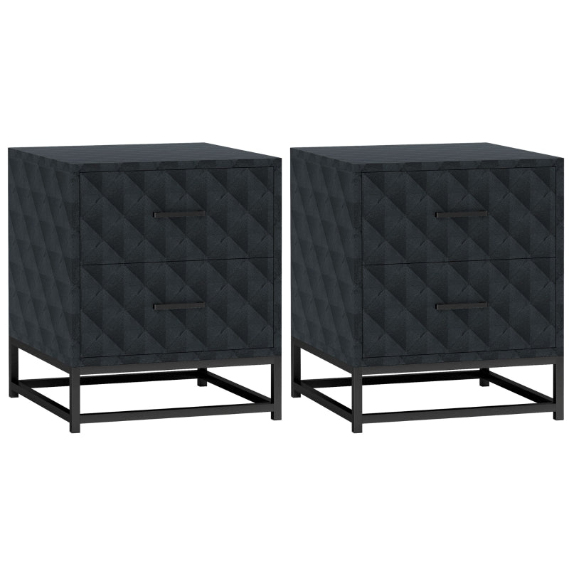 Bedside Tables Set of 2, Modern Nightstand with 2 Drawers, Steel Legs, Black