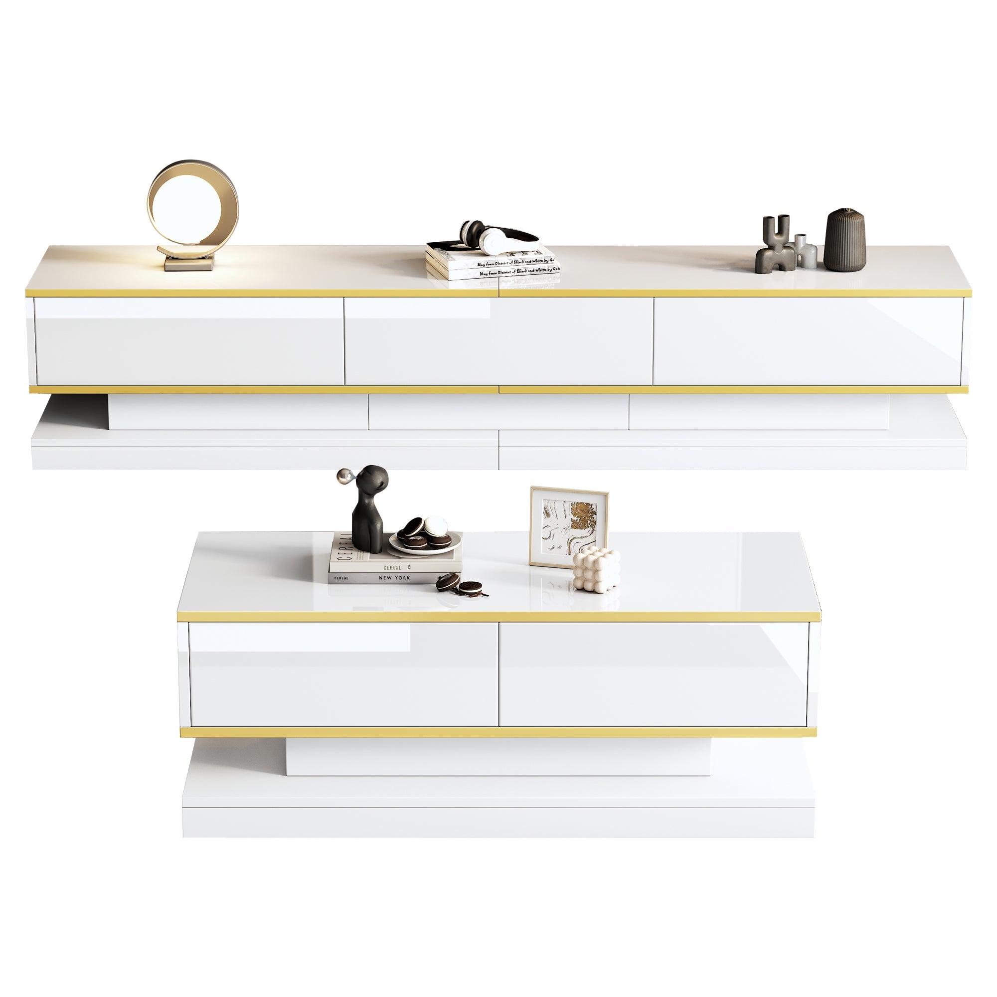 TV Stand & Coffee Table Set with 3-Drawer TV Console & 2-Drawer Coffee Table, White High Gloss & Gold
