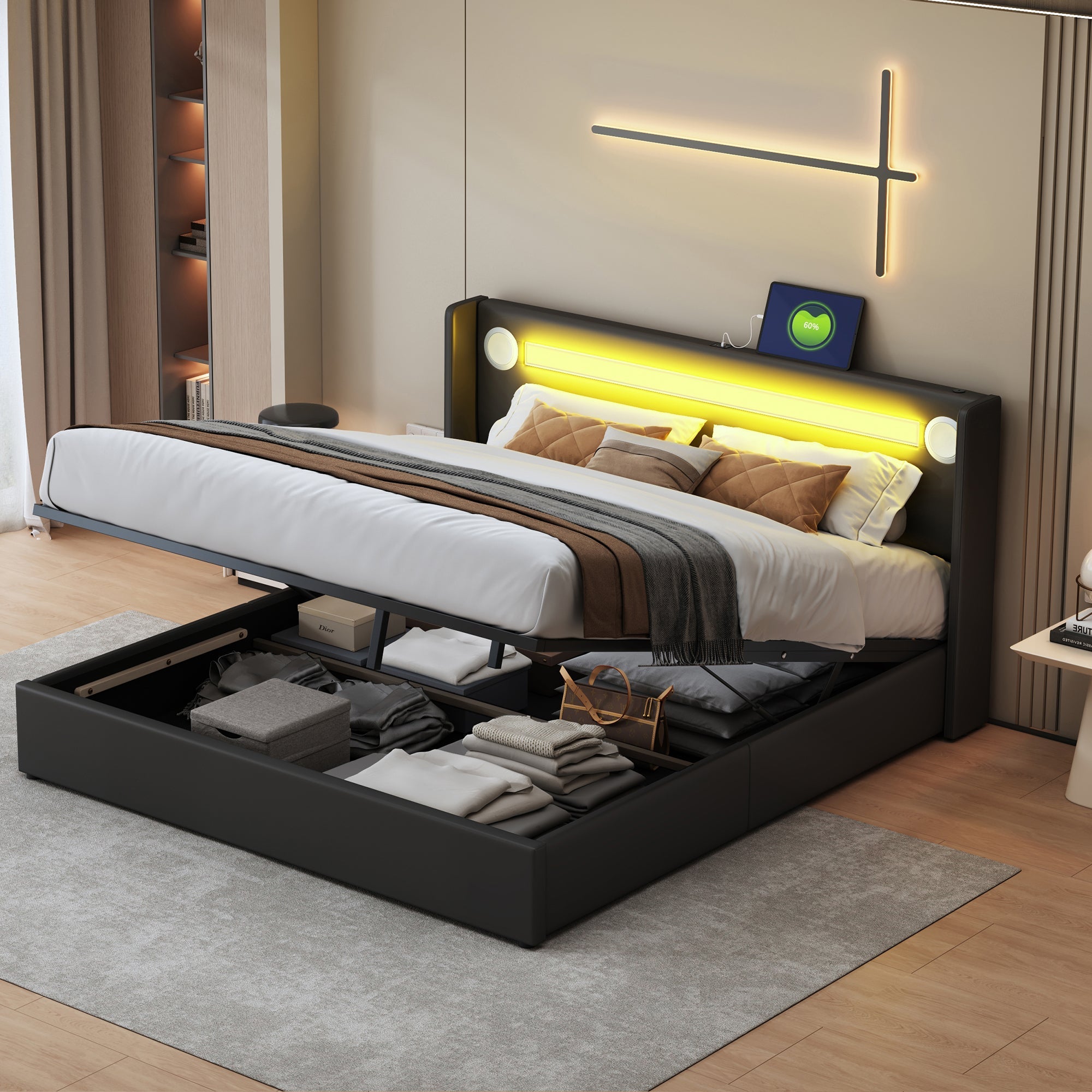 Upholstered Bed, 160x200cm LED & Bluetooth Storage, Black PU Leather