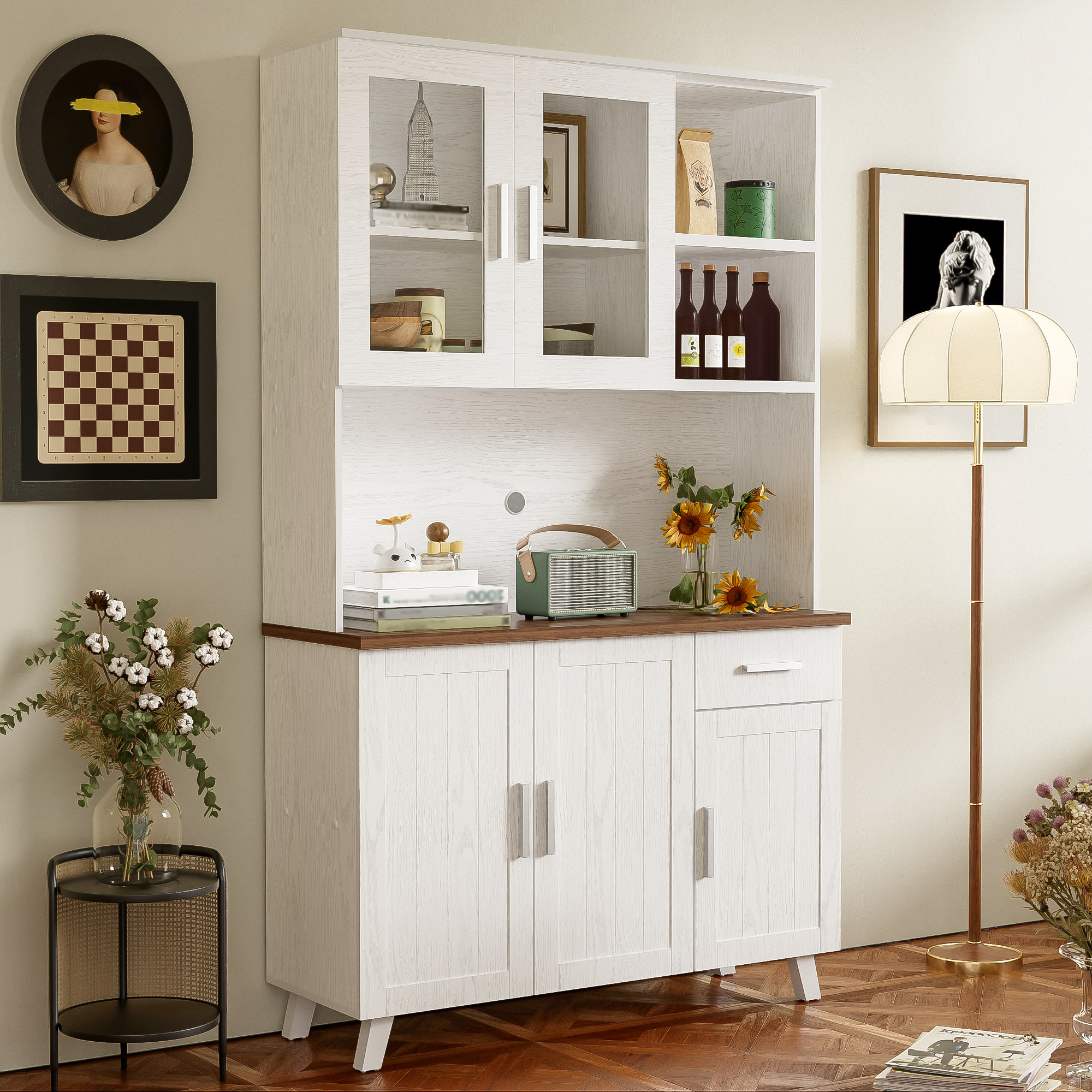 Sideboard, Tall Cabinet with Glass Panels, White Wood Grain