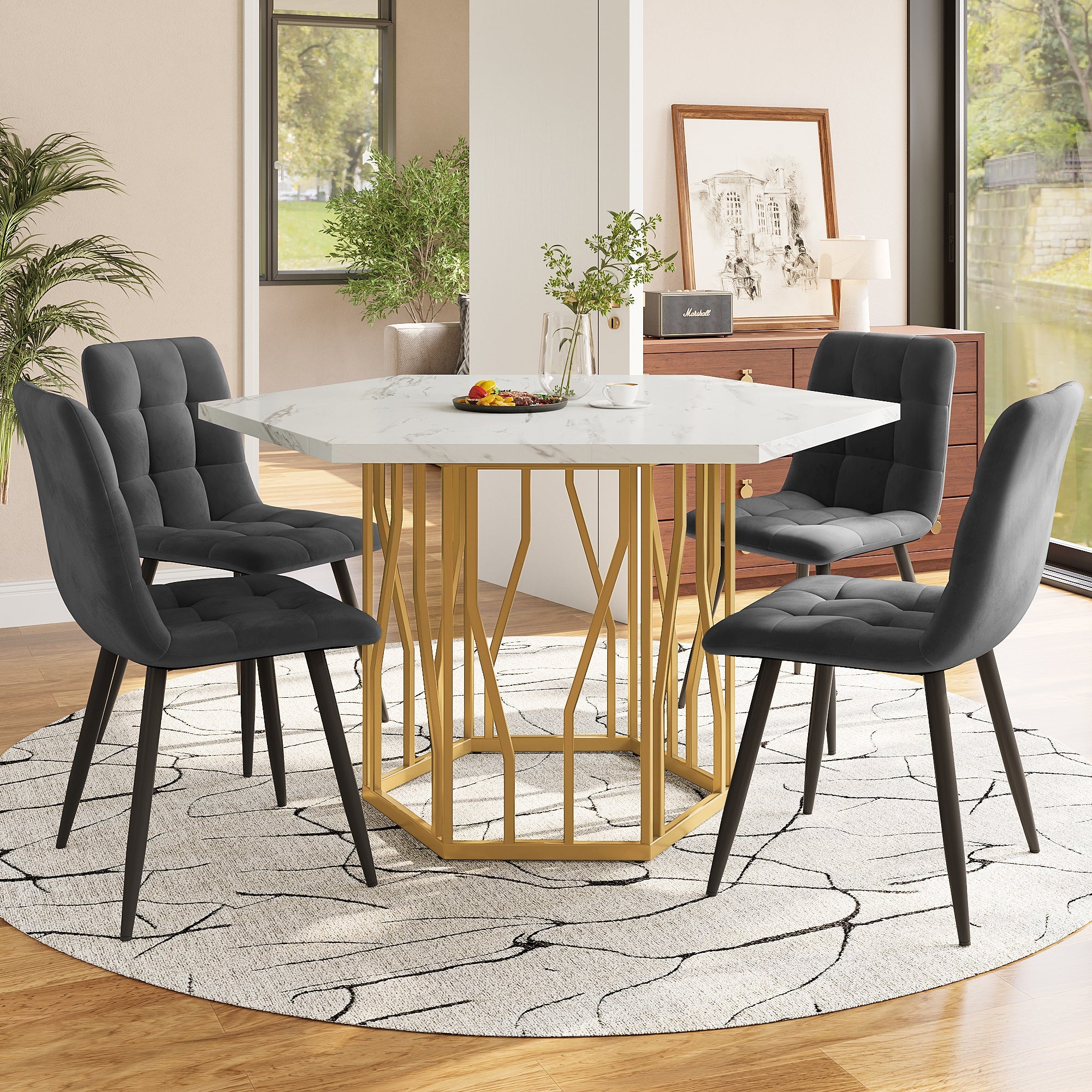 Dining Set 5-Piece Modern Hexagonal Marble Table 4 Grey Velvet Chairs Gold