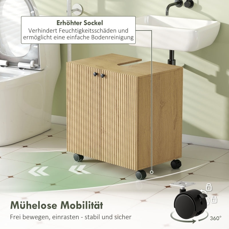 Bathroom Vanity Unit with 3-Tier Shelf and Wheels, Wood