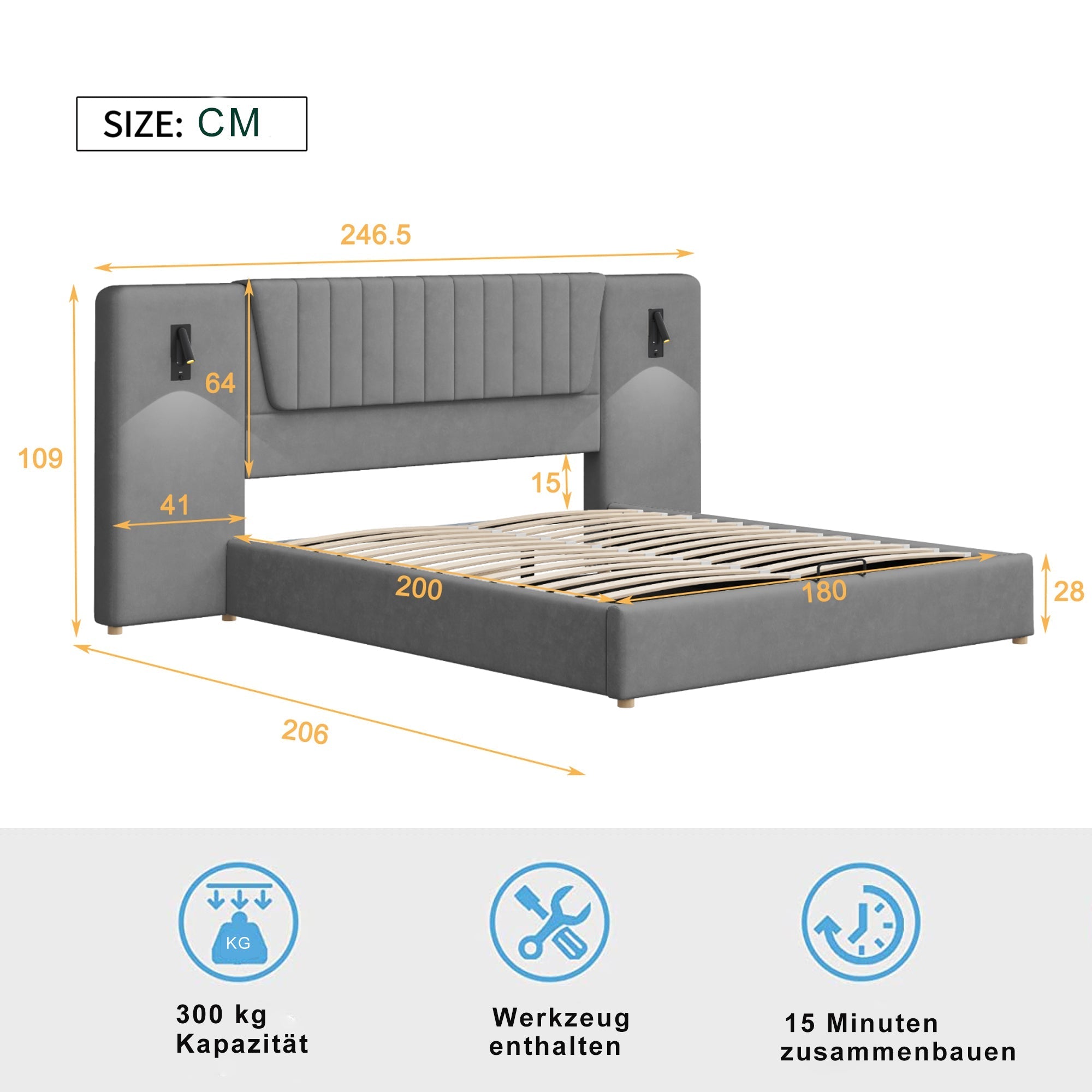 Upholstered Bed 180x200cm, Hydraulic Storage with USB & Reading Lamp, Grey Velvet