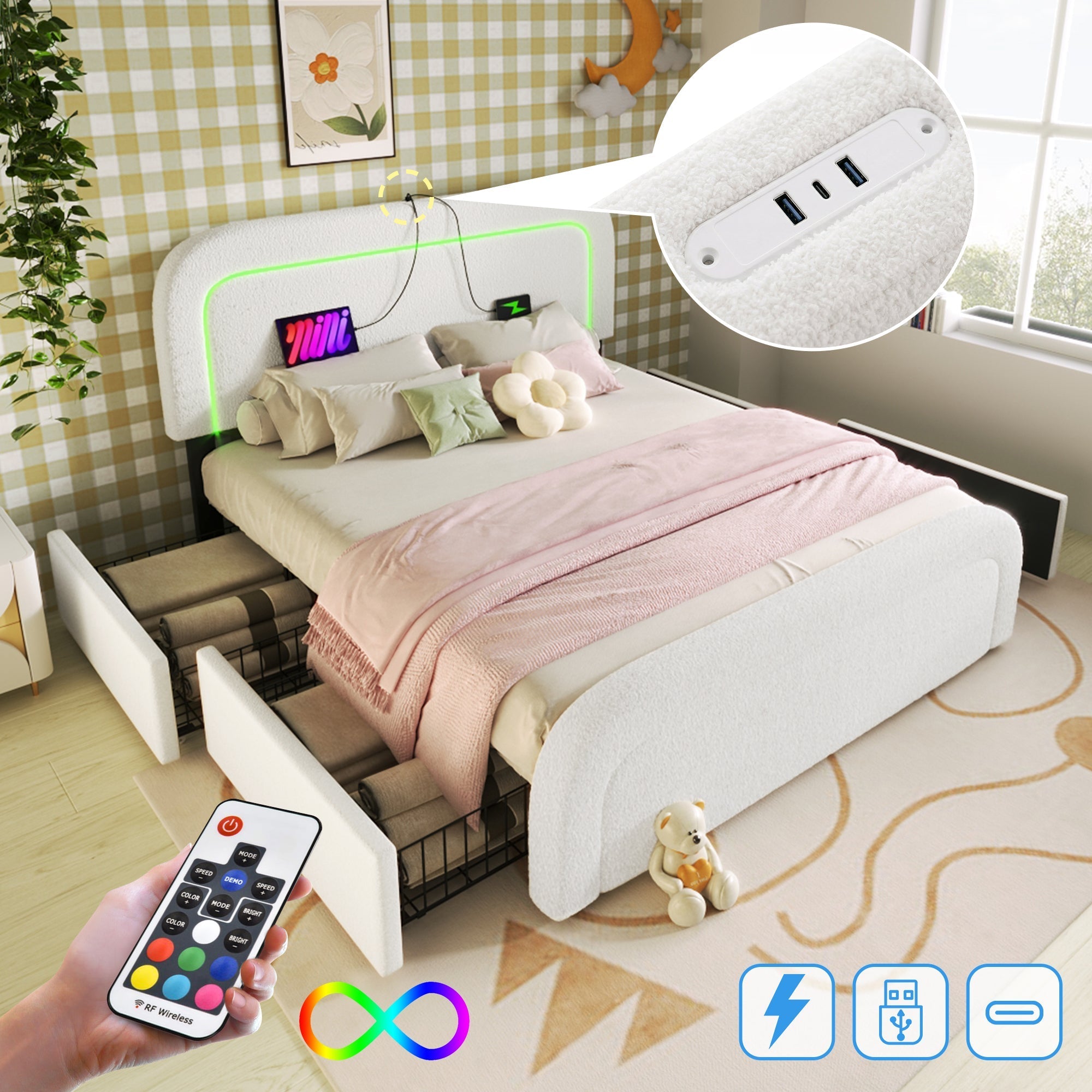 Upholstered Bed Frame with USB Type C, LED and 4 Drawers, 160x200cm, Sherpa White
