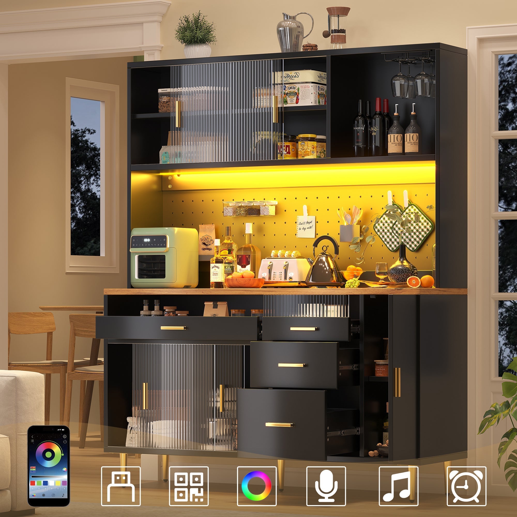 Tall Cabinet LED Lighting Pegboard Shelves Black