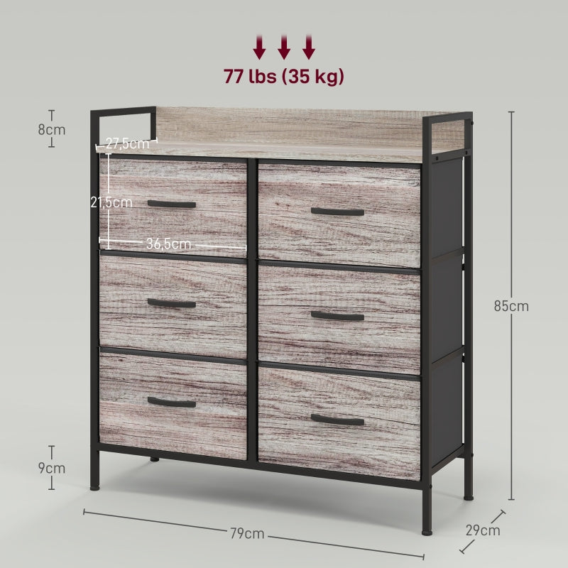 Chest of drawers 6 fabric drawers wood look steel frame gray