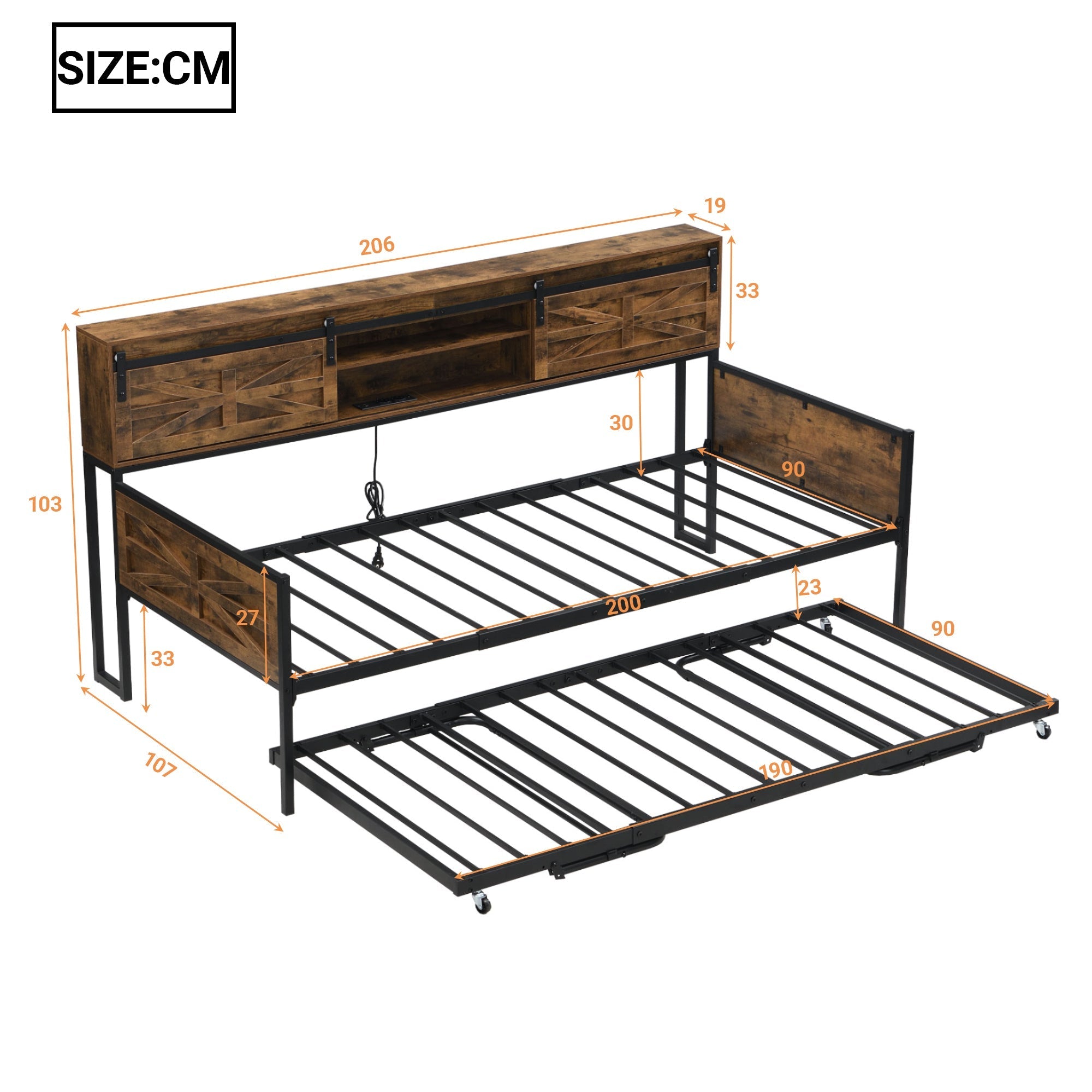 Sofa Bed, Pull-out with Storage & Sockets, Iron Black + Brown