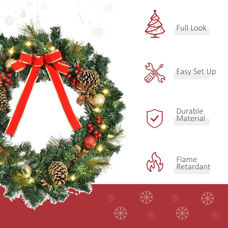 Christmas Door Wreath 60cm Pre-Lit LED Artificial Holly Decor