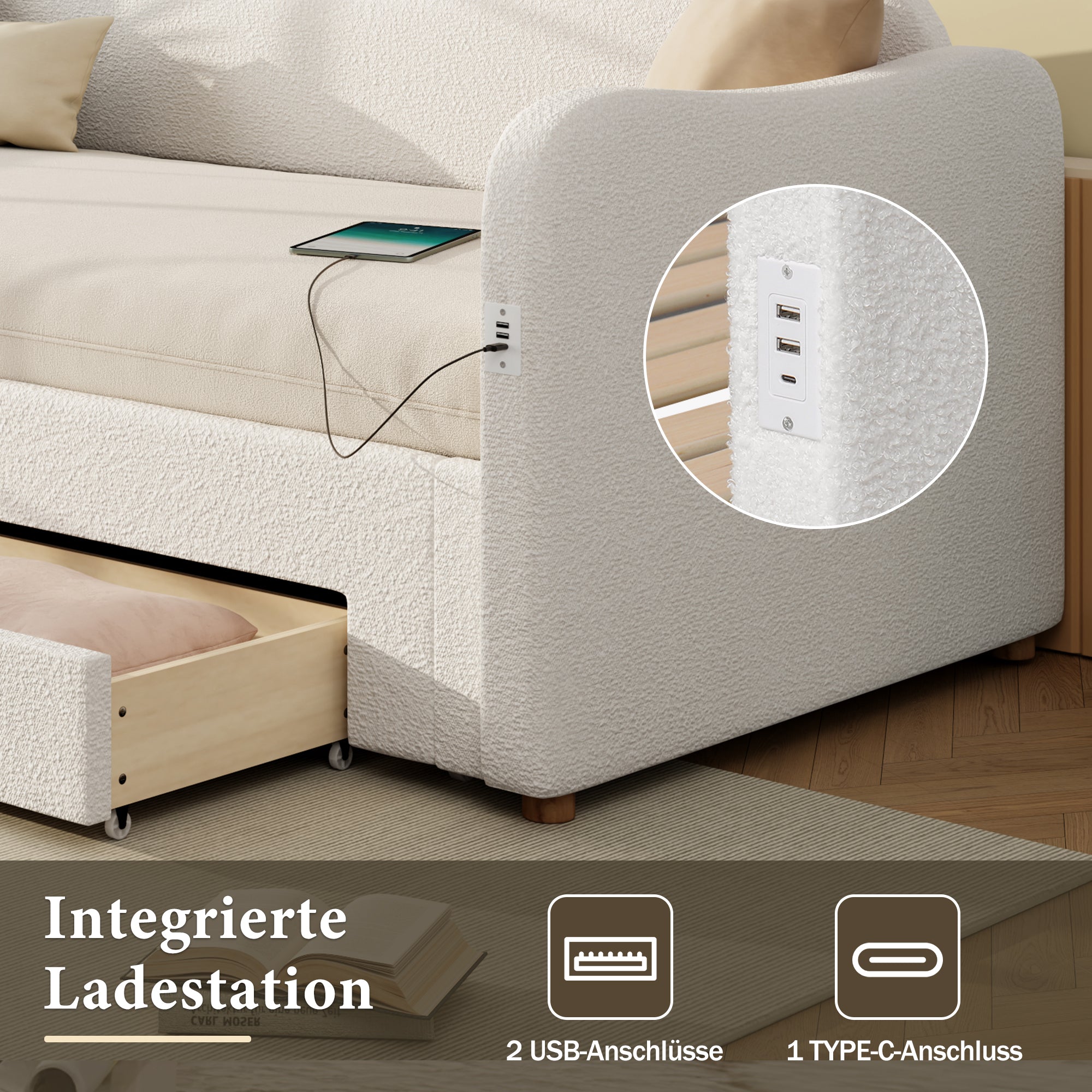 Upholstered Daybed with 2 Drawers, USB Port and Extendable Frame, 90-180x200cm, Beige Bouclé