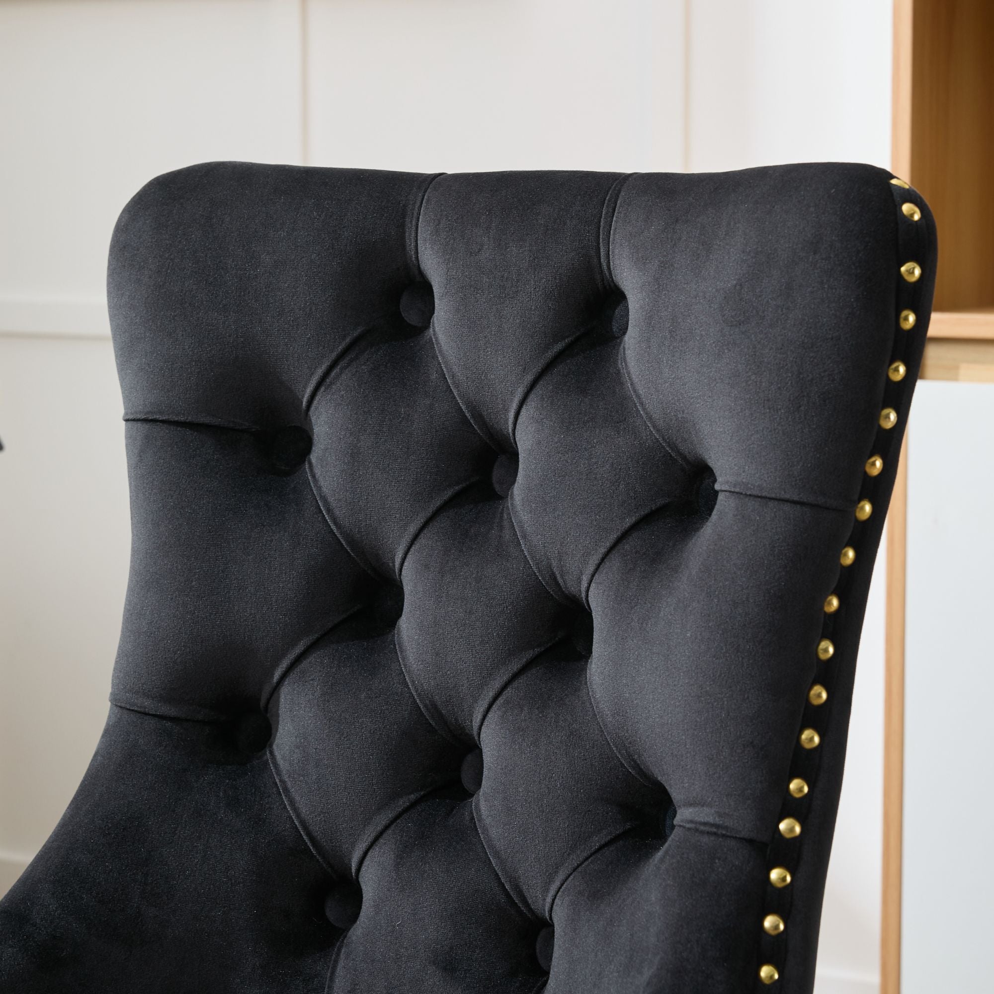 Home Office Chair Velvet Upholstered Tufted Swivel Adjustable Golden Base - Black
