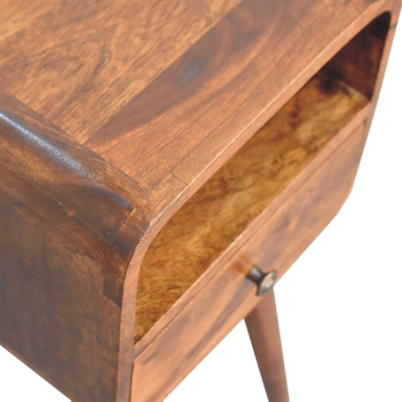 Solid Wood Mini Chestnut Curve Open Bedside with 1 Drawer and Open Shelf, Dark Brown