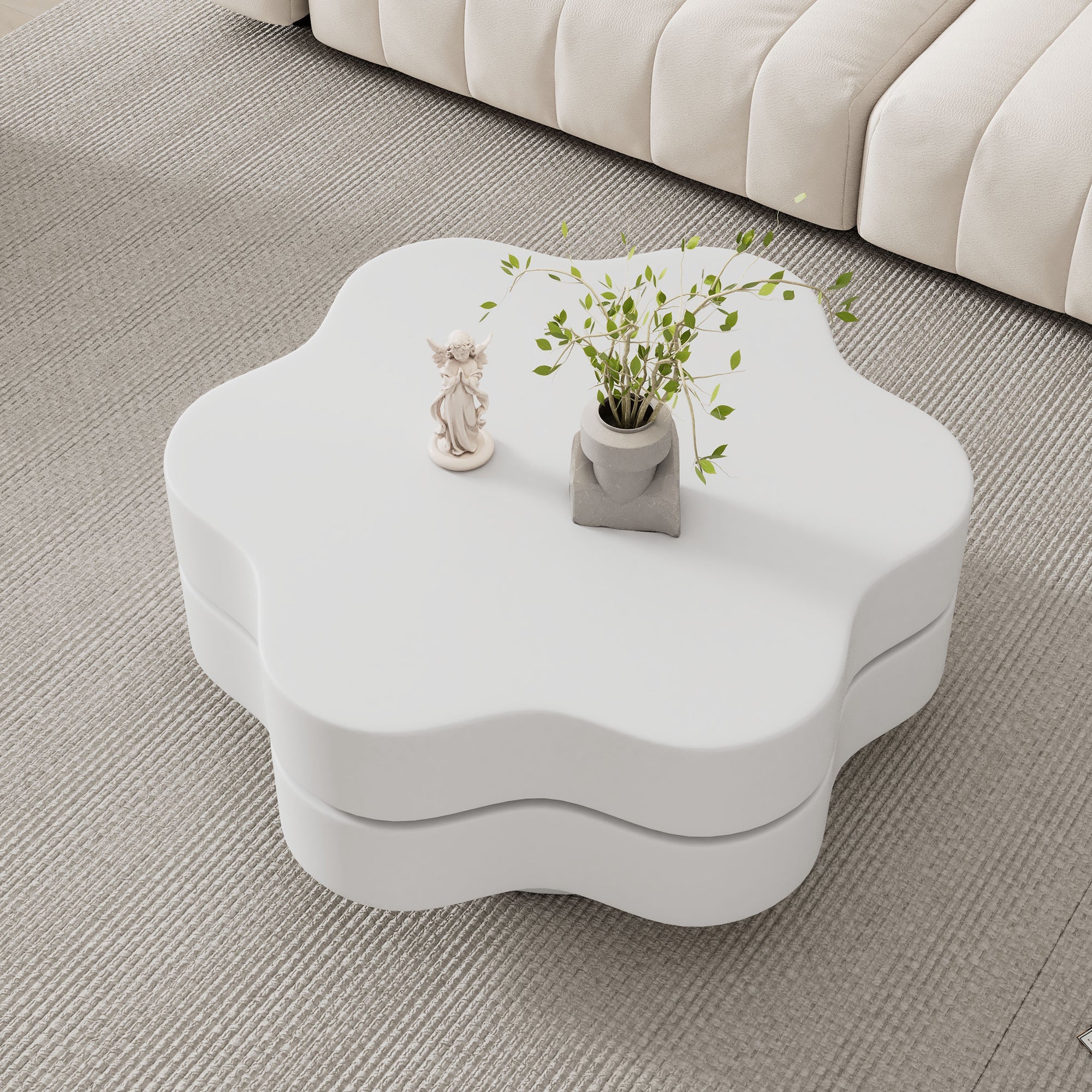 Flower Coffee Table 360° Rotating Double-Layered Storage MDF Cream White