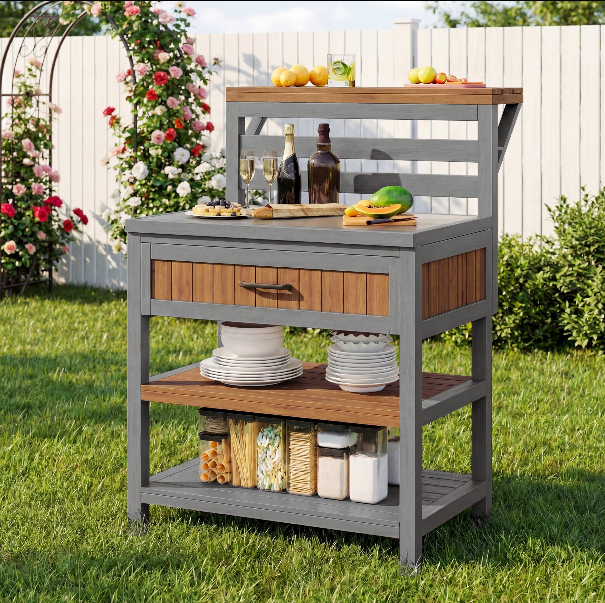 Outdoor Garden Cabinet with Stainless Steel Worktop and Large Drawer, Weatherproof Wood