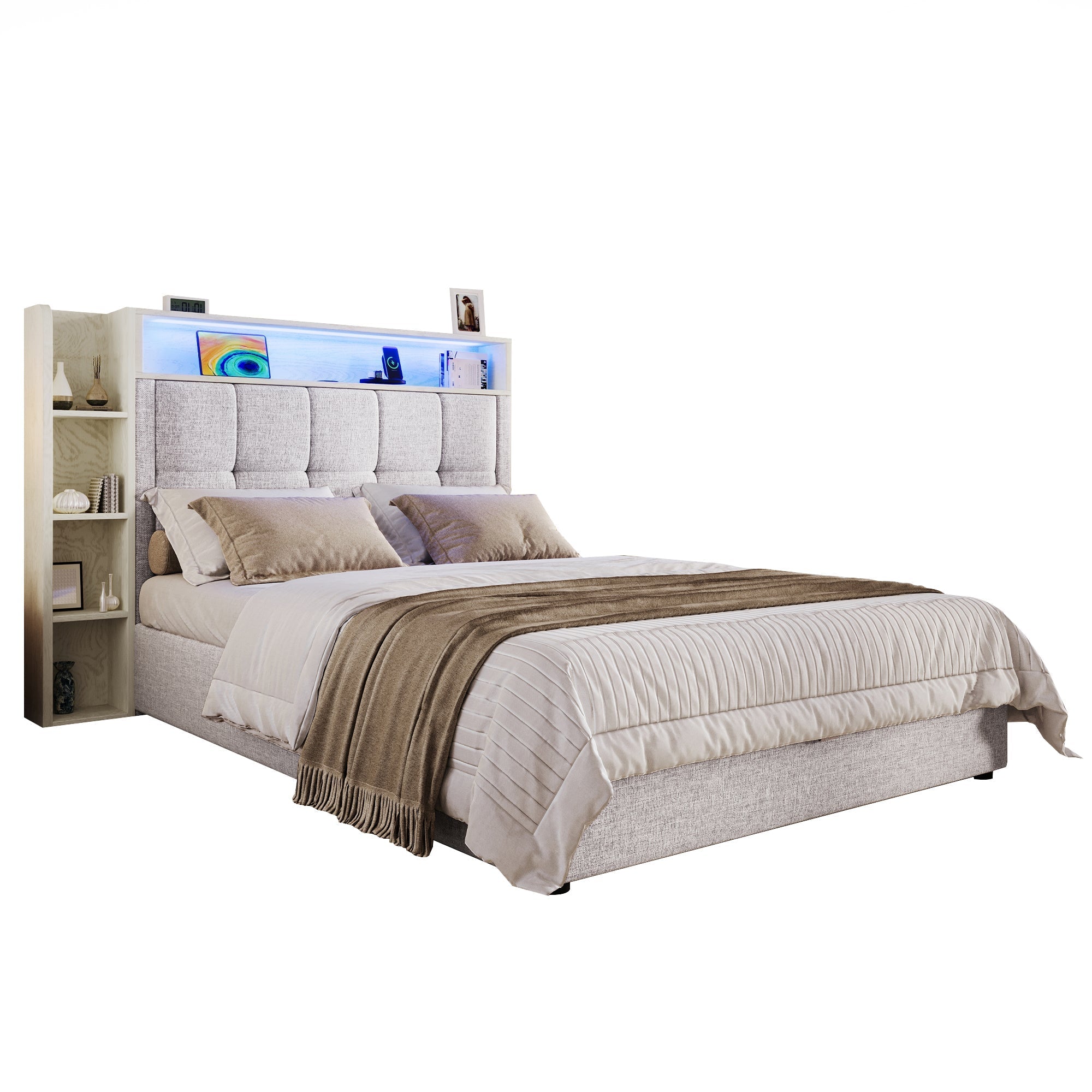 Upholstered Bed 90x200cm Multifunctional Storage LED USB/Type-C App Control - Linen Beige