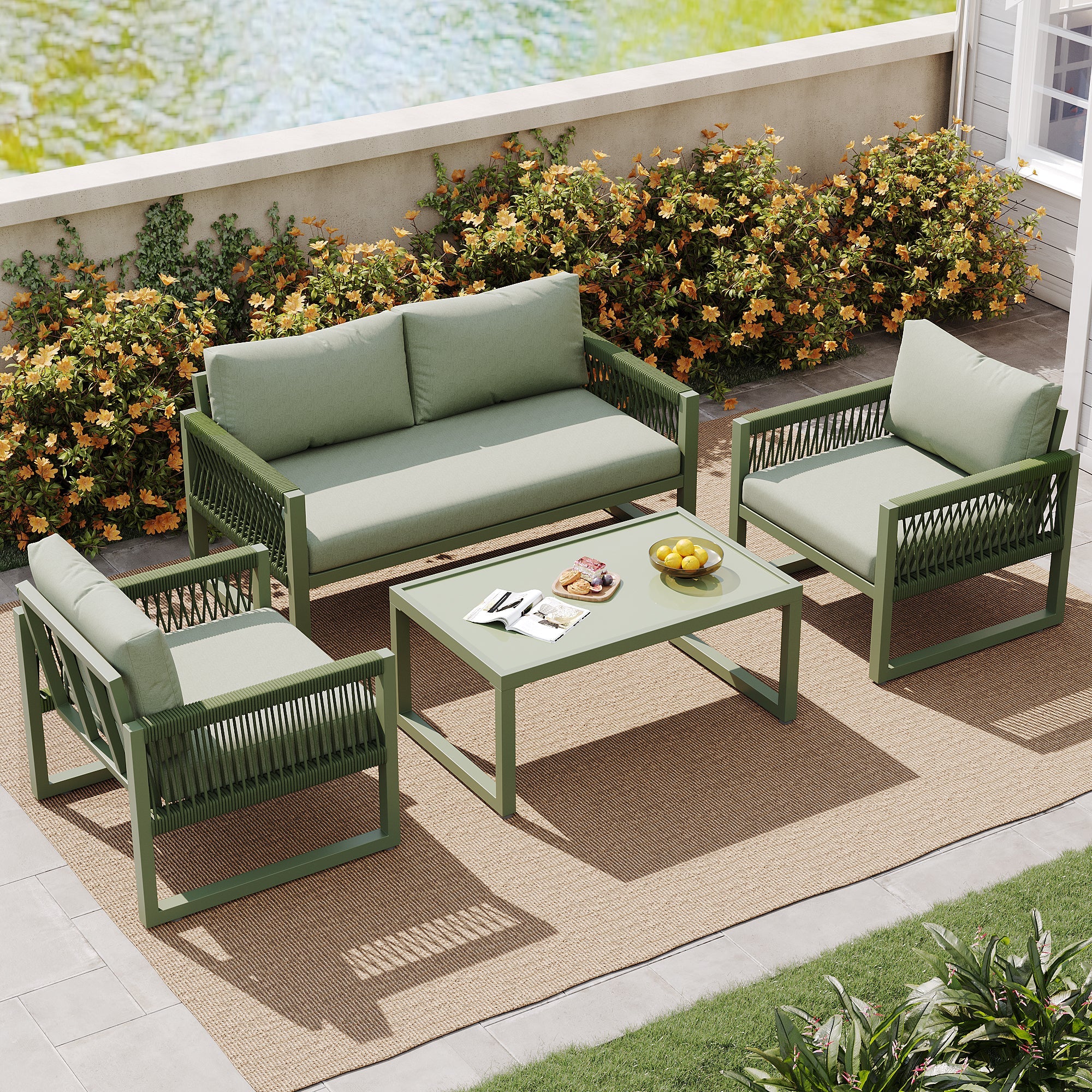 Garden Lounge Chair Set 4-Piece Rope/Iron Frame Glass Top - Green