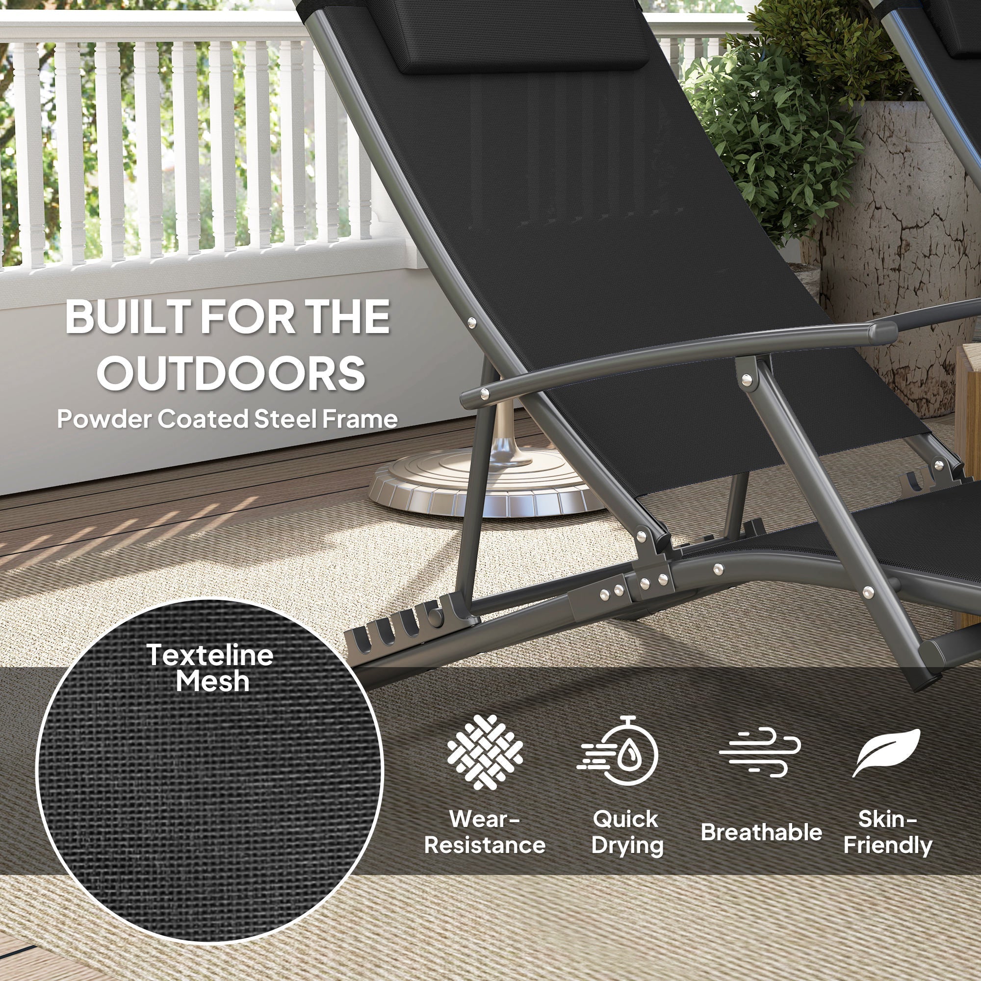 Set of Two Sun Loungers Adjustable Back Black