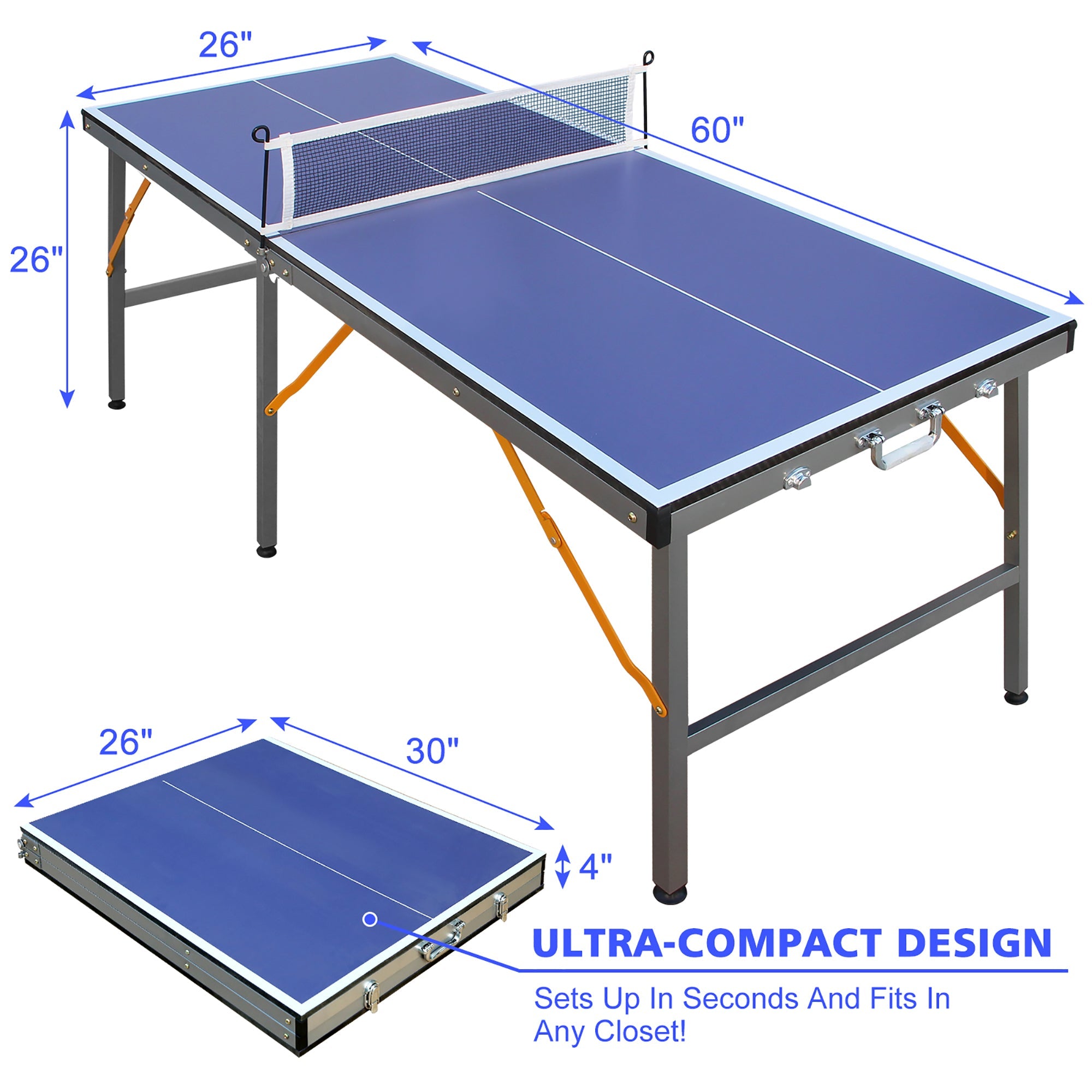 Foldable Ping Pong Table with Net & Paddles Set, Indoor/Outdoor, Blue
