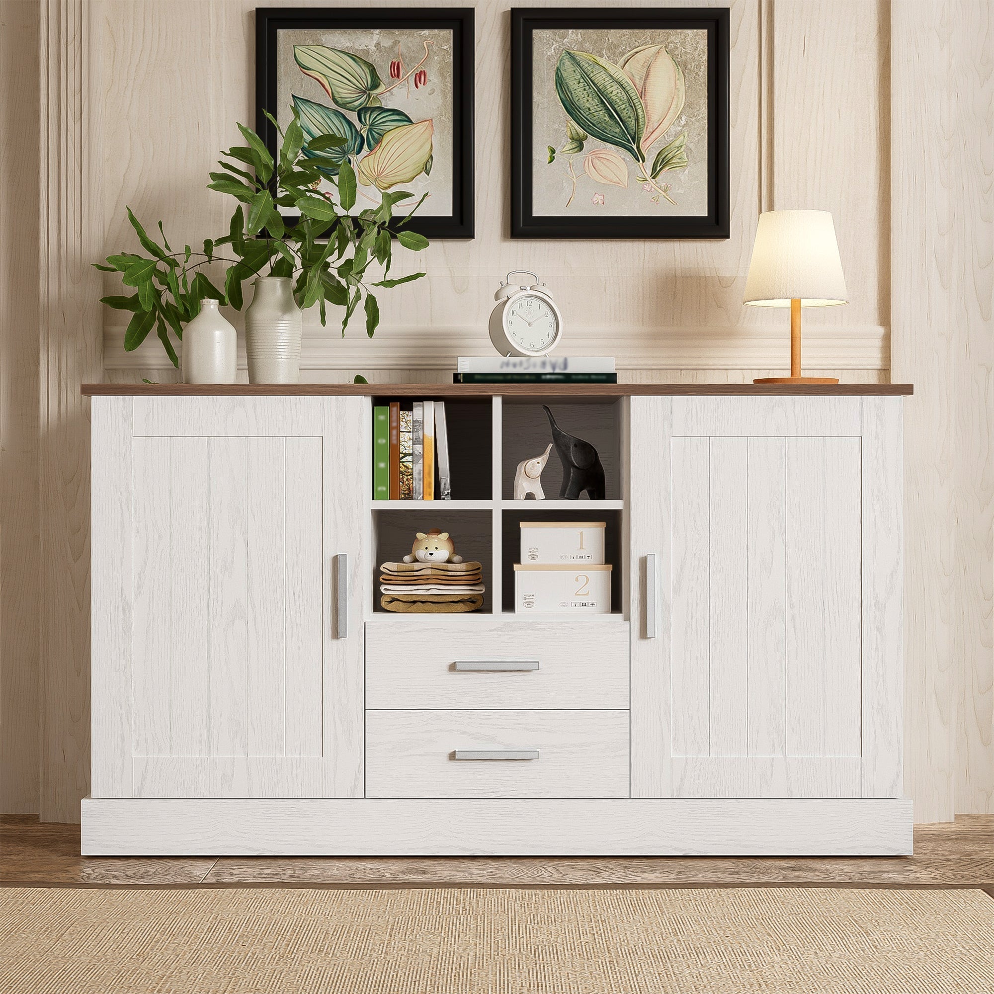 Sideboard 140x40x79.5cm, 2 Doors 2 Drawers, White and Brown Wood Grain